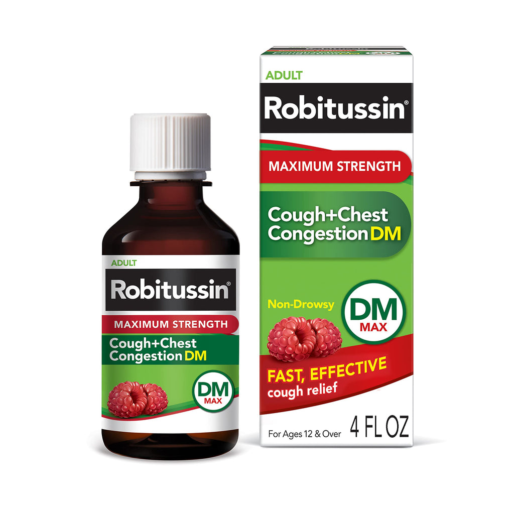 Robitussin Adult Maximum Strength Cough + Chest Congestion DM Max (4 fl. oz. Bottle), Cough Suppressant & Expectorant, Raspberry