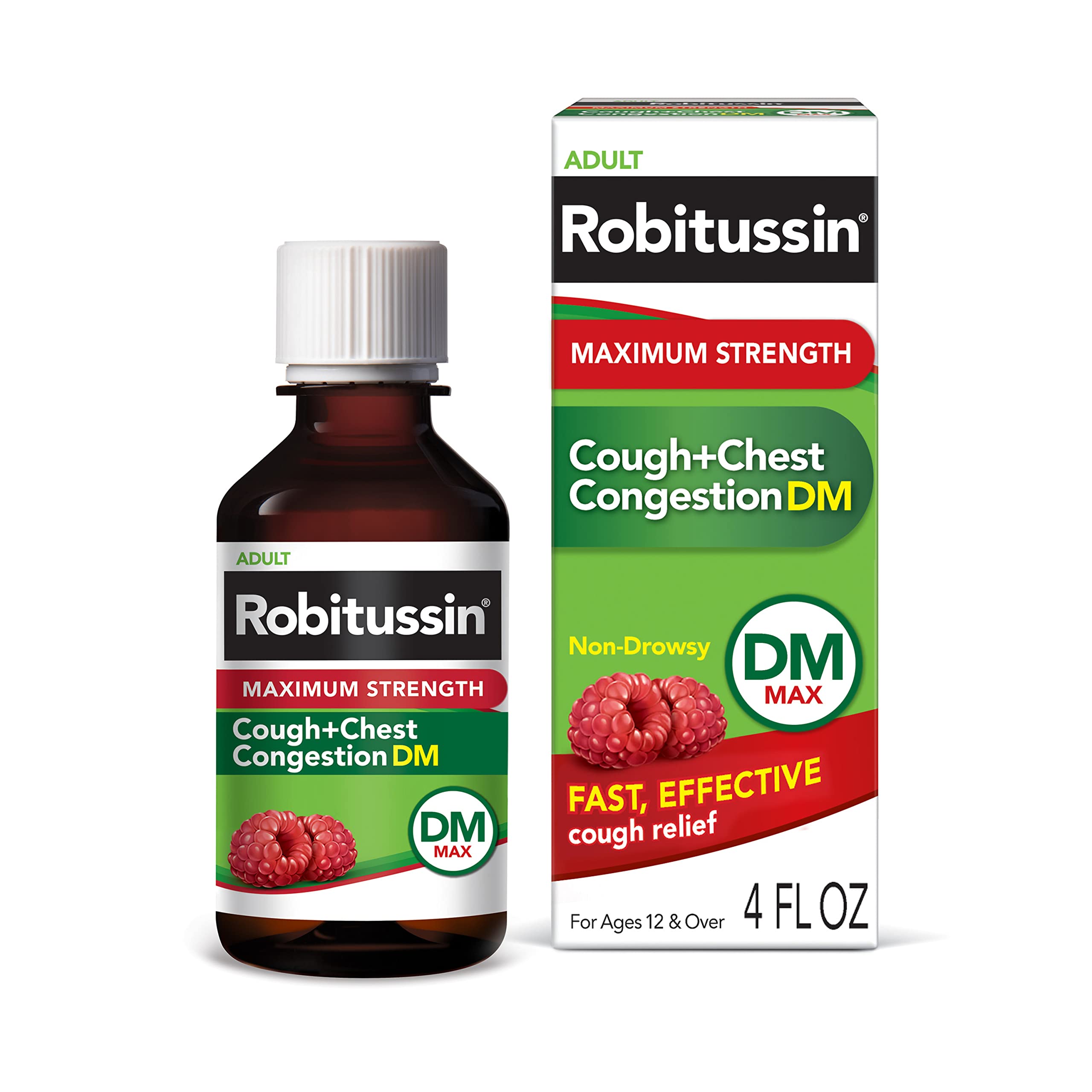 Robitussin Adult Maximum Strength Cough + Chest Congestion DM Max (4 fl. oz. Bottle), Cough Suppressant & Expectorant, Raspberry
