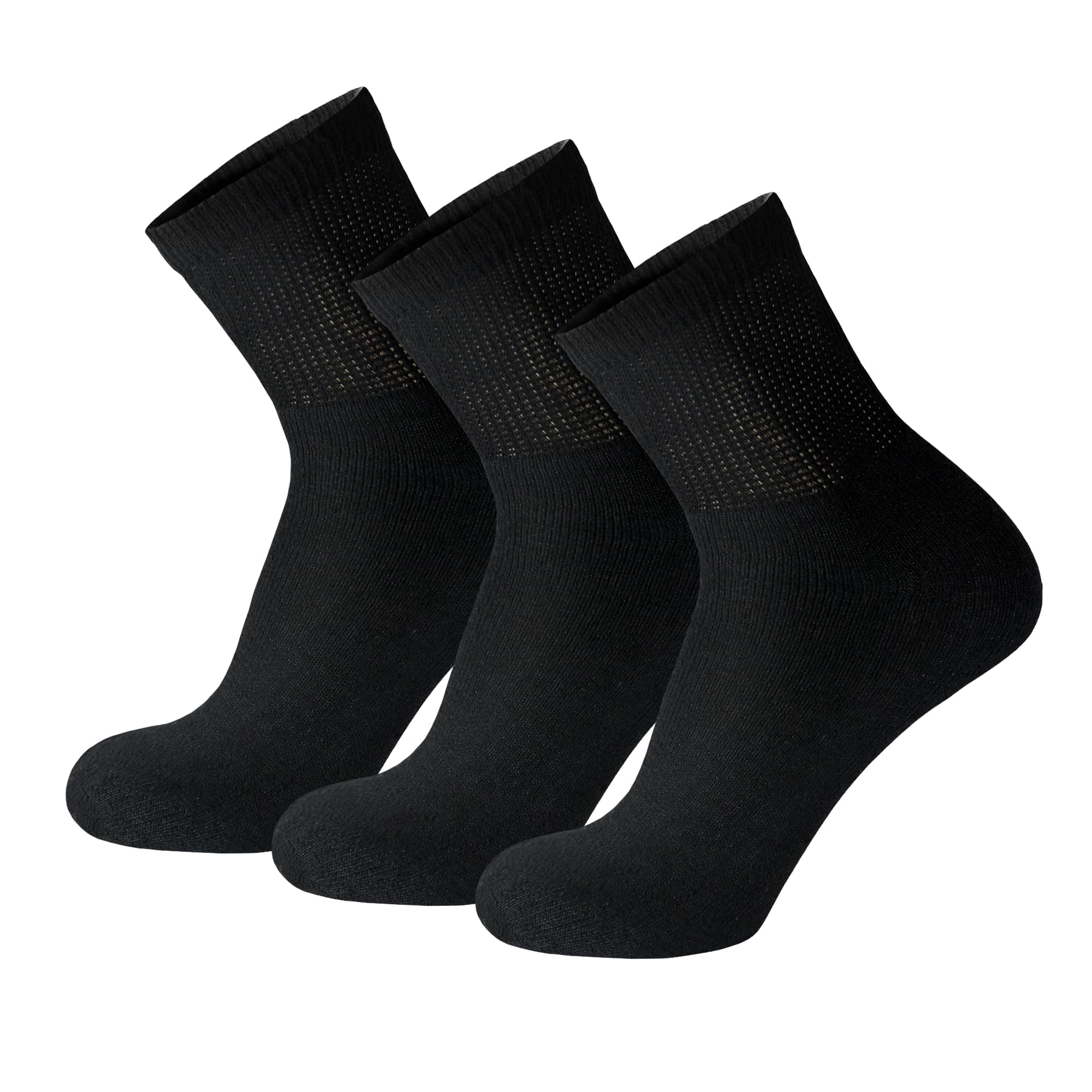 3 Pack of Premium Diabetic Cotton Quarter Length Athletic Sport Ankle Socks (Black, 10-13)