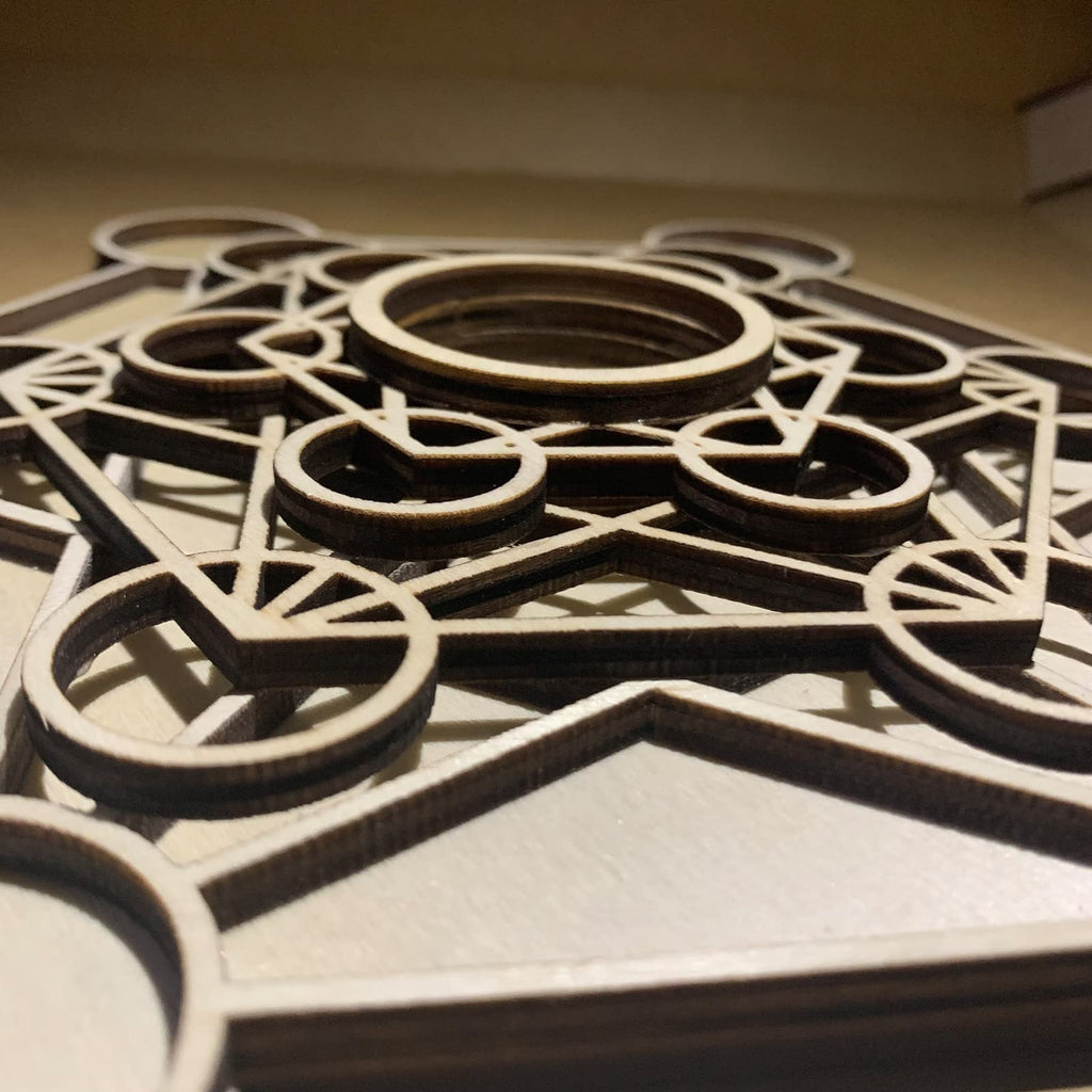 Metatron Crystal Grid Wooden Art 3D Metatron's Healing Energy with 7 Pieces Rough Seven Chakras Crystal Stone Set Sacred Geometr