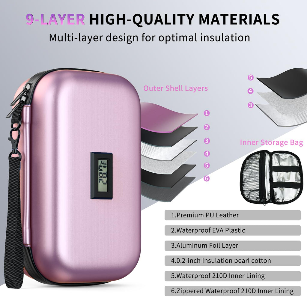 WOODAKE Insulin Cooler Travel Case TSA Approved Medication Cooler with Digital Temp Display 2 Ice Packs for Insulin Travel Case