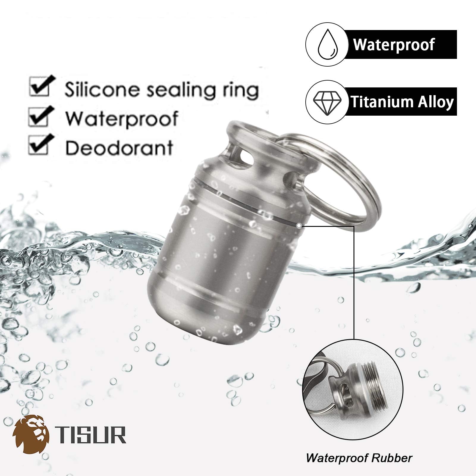 TISUR Portable Pill Cases, Metal Titanium Pill Holder Pocket Pill Box Keychain Waterproof Pill Bottle Medicine Organizer Case Co