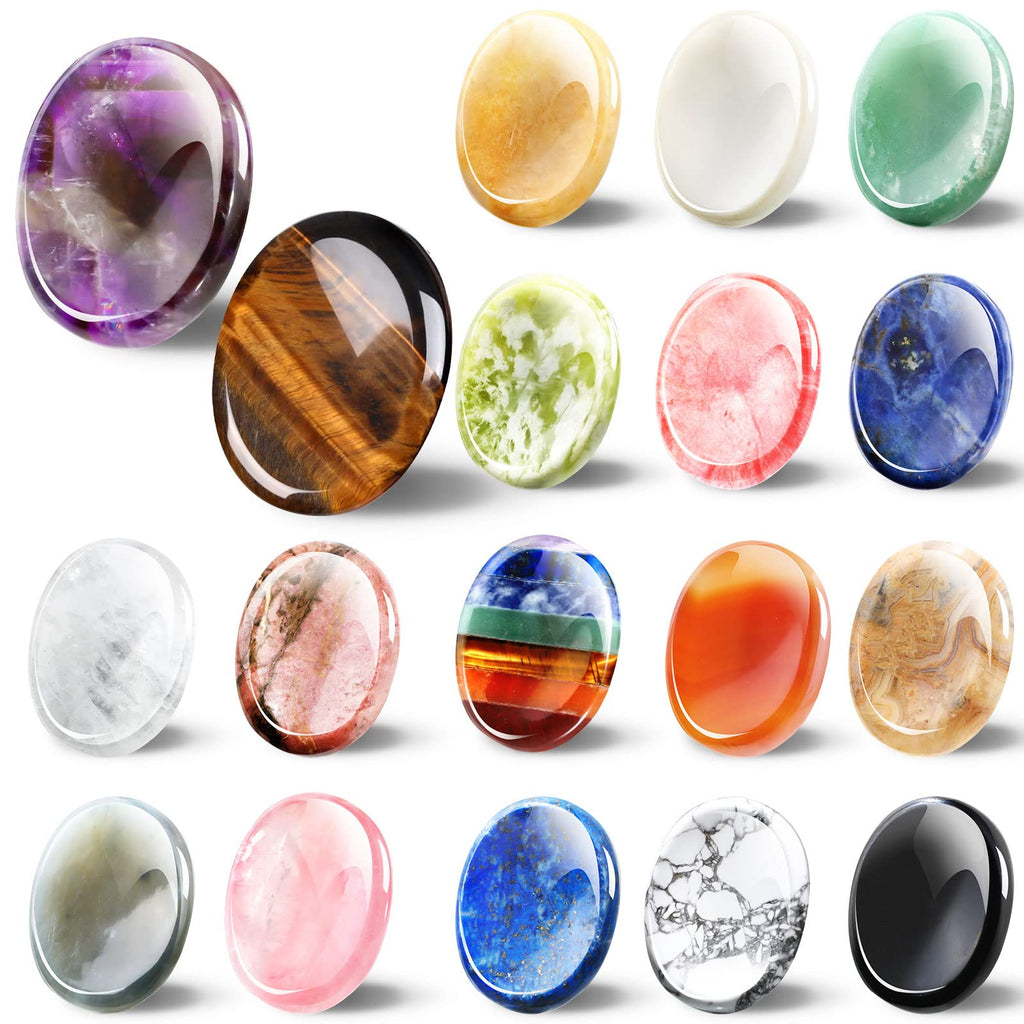 Fumete 18 Pcs Thumb Worry Stone for Anxiety Chakra Crystals, Oval Chakra Stones Tigers Eye Crystal for Anxiety Stress Relief Med
