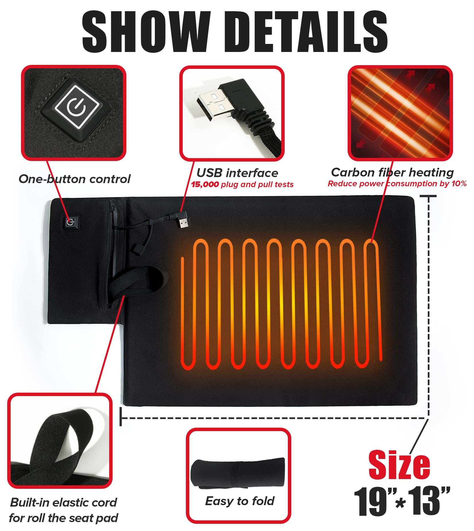 Heated Camping Chair Pad, Heated Seat Cushion, 17 Portable Heated Stadium Seats for Bleachers, Lightweight USB Stadium Seat Cush