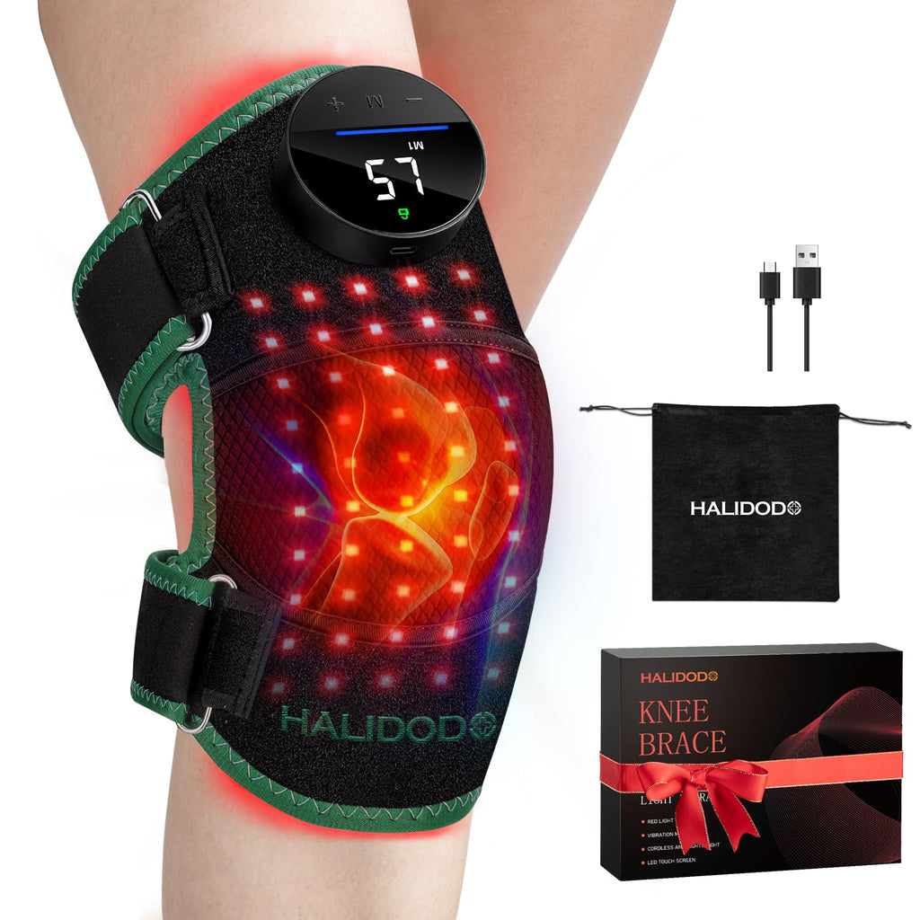 HALIDODO Red Light Therapy & Vibration Massage Knee Brace - Wireless Rechargeable Controller, 660nm&850nm Red Light Therapy Heat