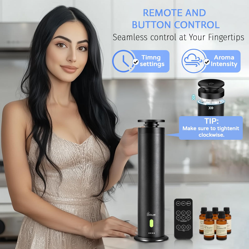 MQLMF Hotel Collection Diffuser Machine,Remote,Rechargeable,Included 5 Scent Oils,Whisper-Quiet,Aluminum,1500 Sq Ft,Waterless Di