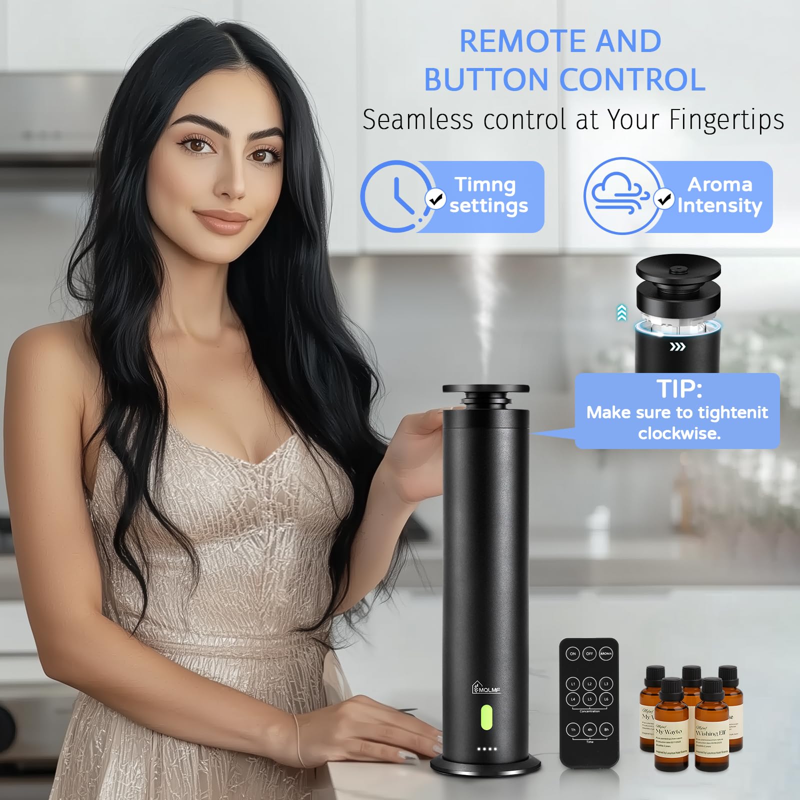 MQLMF Hotel Collection Diffuser Machine,Remote,Rechargeable,Included 5 Scent Oils,Whisper-Quiet,Aluminum,1500 Sq Ft,Waterless Di