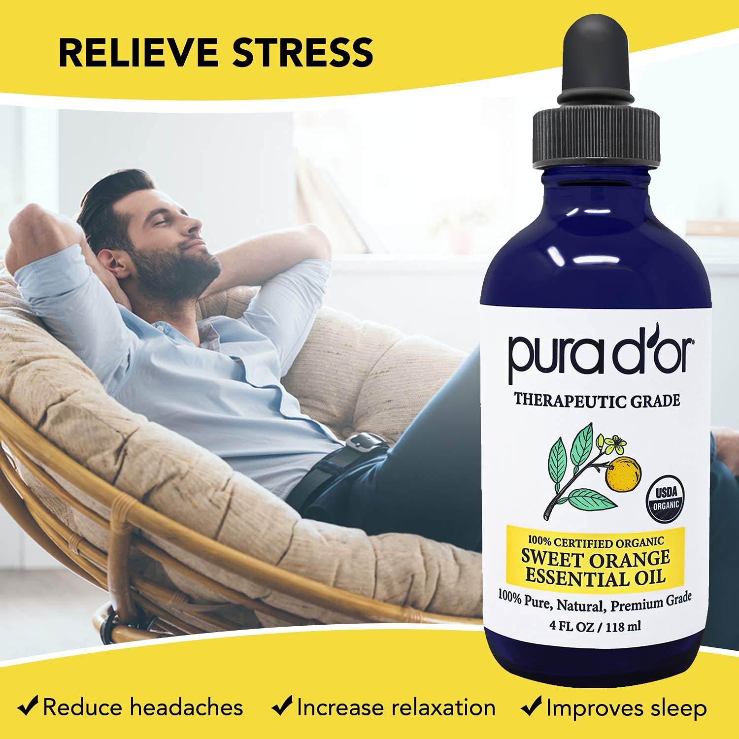 PURA DOR Organic Sweet Orange Essential Oil (4oz with Glass Dropper) 100% Pure & Natural Therapeutic Grade for Hair, Body, Skin