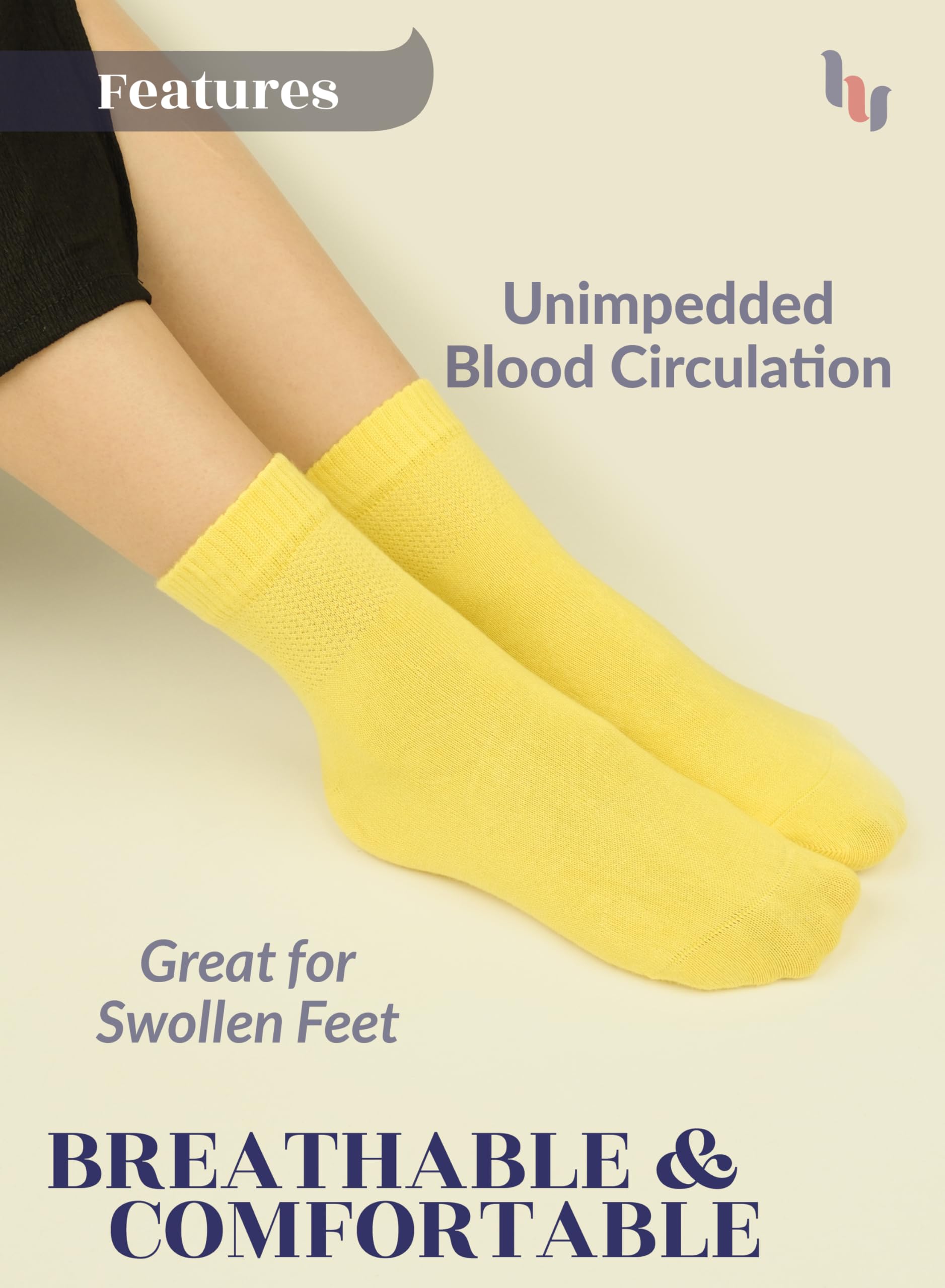 Hugh Ugoli Women Diabetic Ankle Socks, Super Soft & Thin Bamboo Socks, Wide & Loose, Non-Binding Top & Seamless Toe, 4 Pairs, Ye