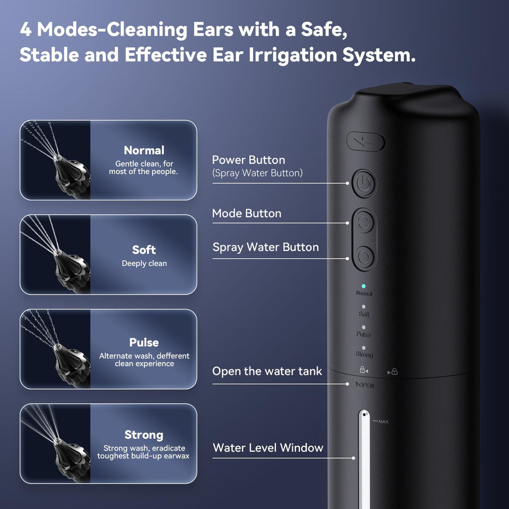 Ear Wax Removal Electric Ear Irrigation Flushing System Water Powered Ear Cleaner with 4 Pressure Modes Safe and Effective Ear C
