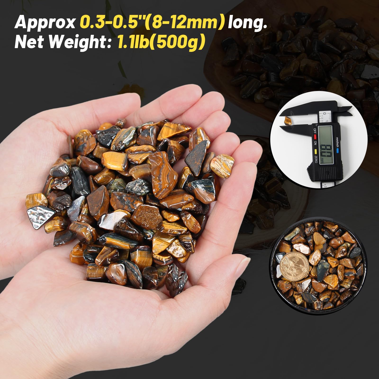 Orientrea 1.1lb Natural Crushed Tiger Eye Crystal Tumbled Chips-Tiger Eye Healing Crystals Chips Bulk, Crushed Crystal Gemstones