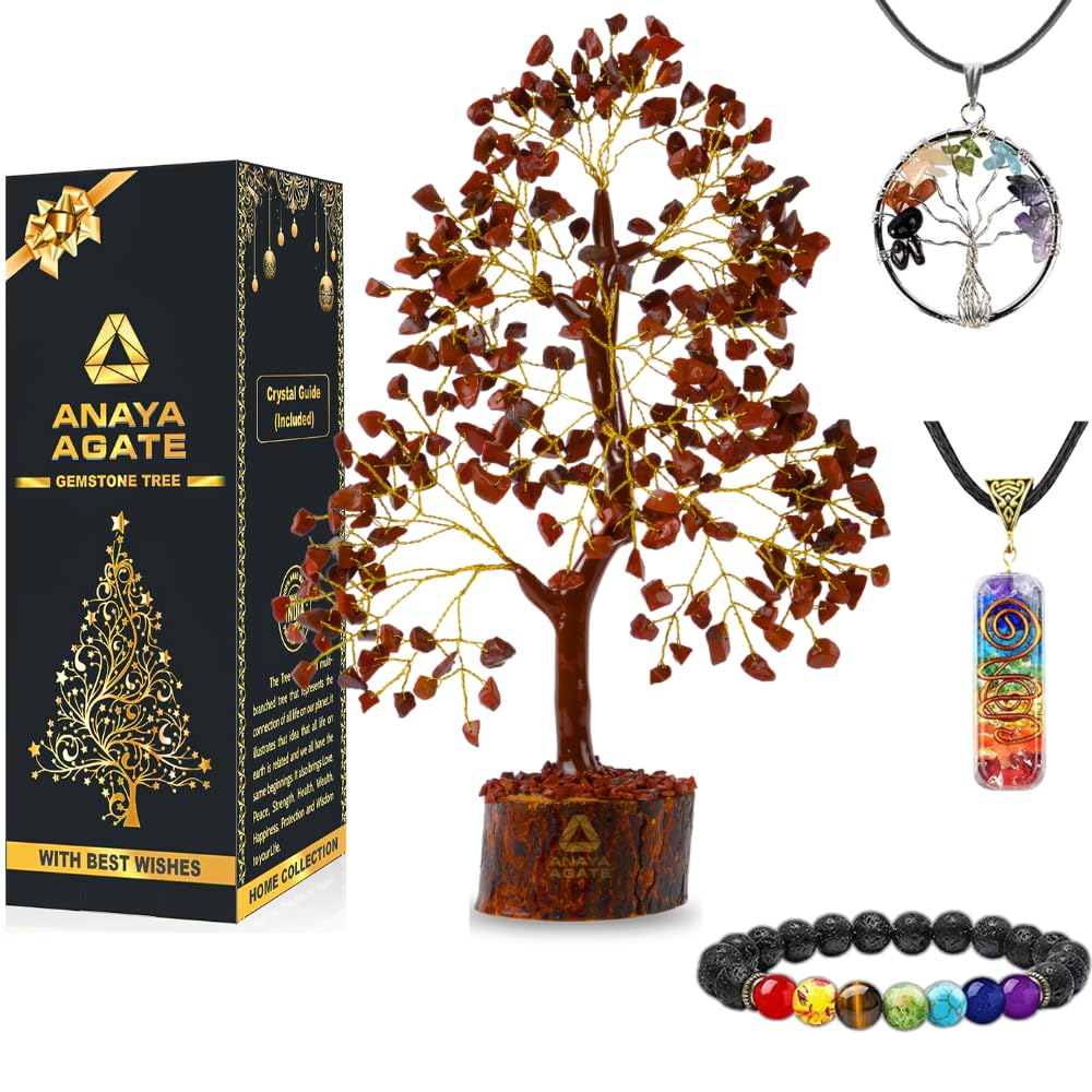 Crystal Tree of Life Red Jasper Healing Crystal Trees for Home & Office Decoration, Handmade Money Bonsai Trees for Positive Ene