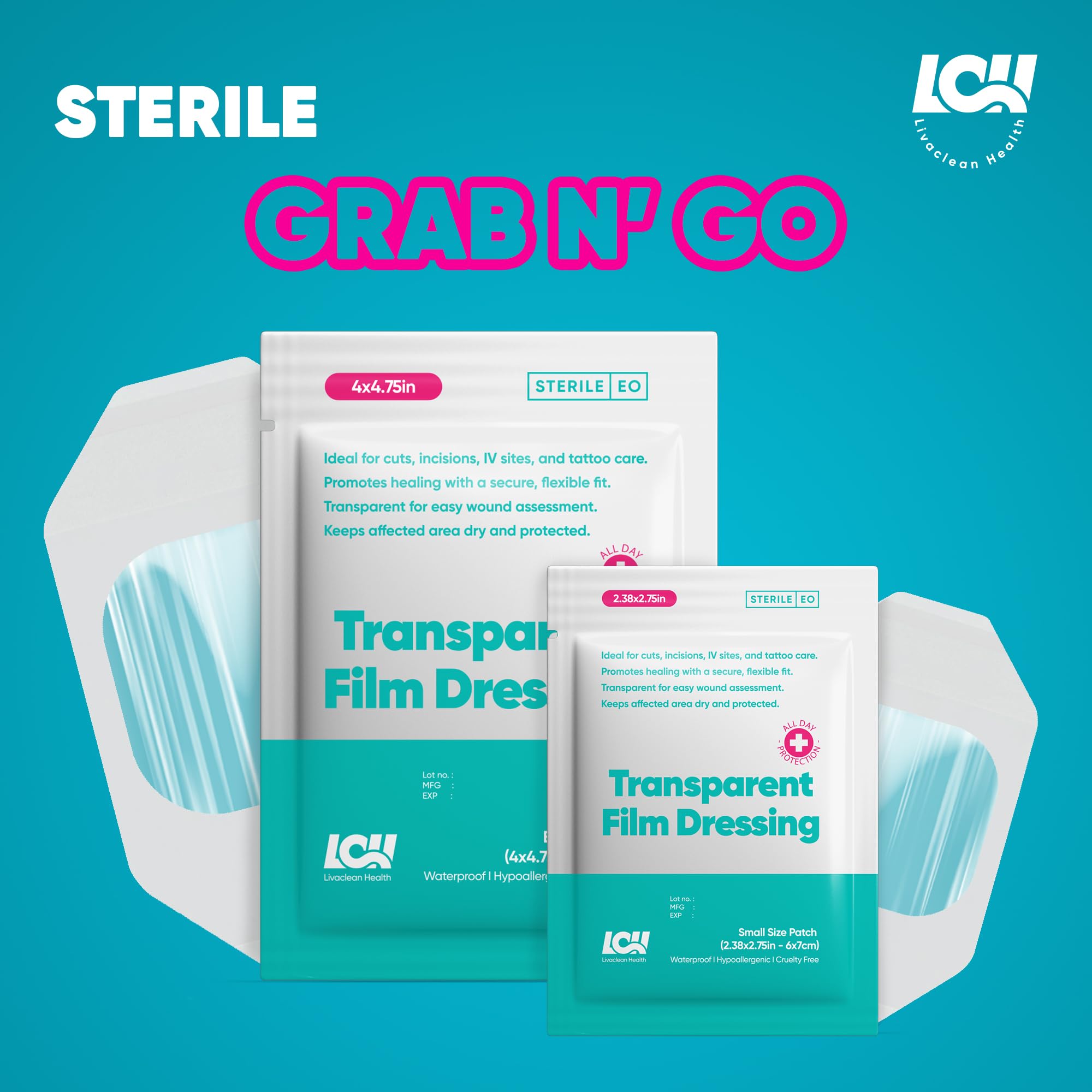 LCH 50 Pack Transparent Film Dressing Waterproof, 2 Sizes: 2.38 x 2.75 & 4 x 4.75, Waterproof Bandages for Swimming, Second Skin
