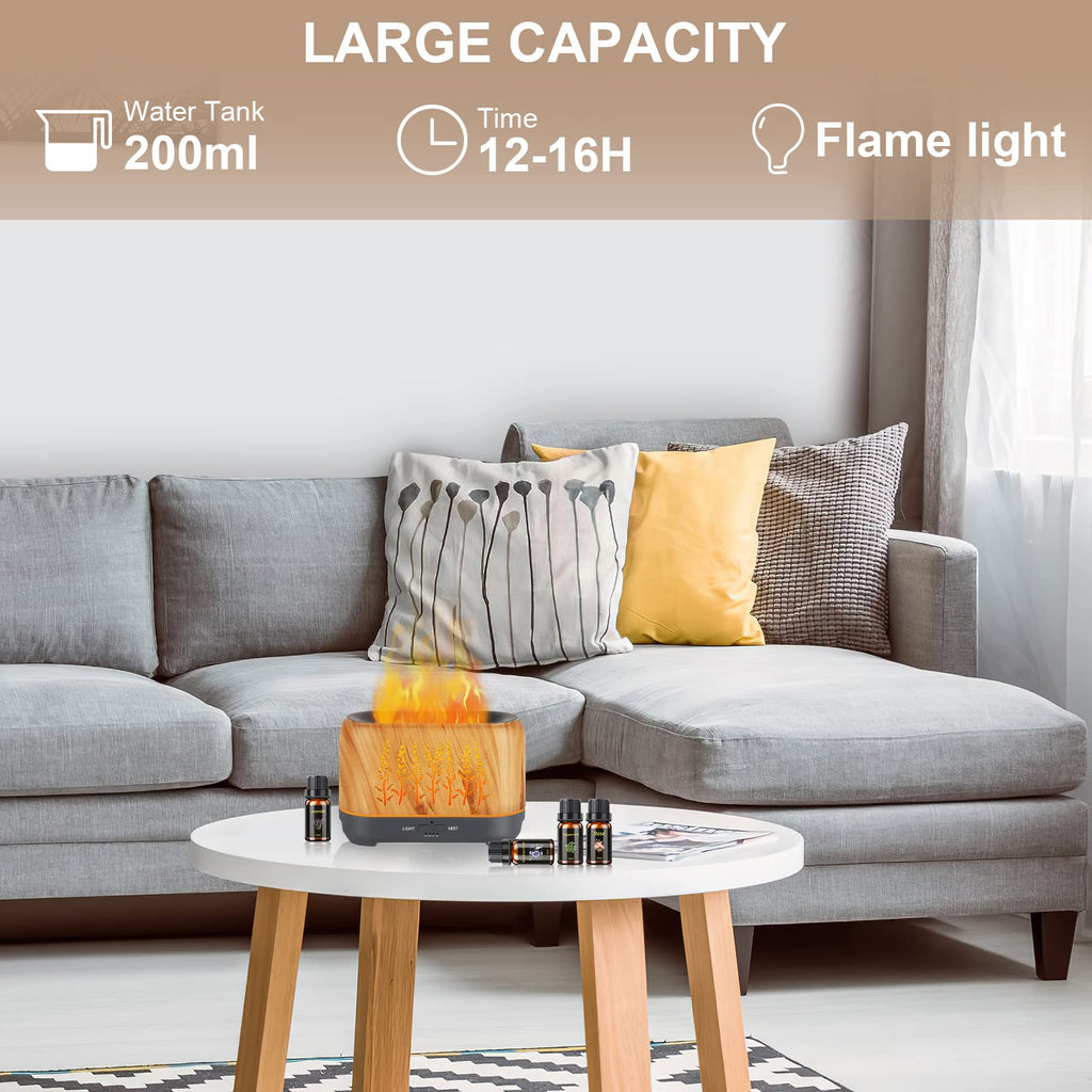 NEWYID Aromatherapy Diffuser with 5 Essential Oils, Oil Diffuser with Flame Light 3 Mist Mode 4 Timer Up to 12H of Continuous Ar