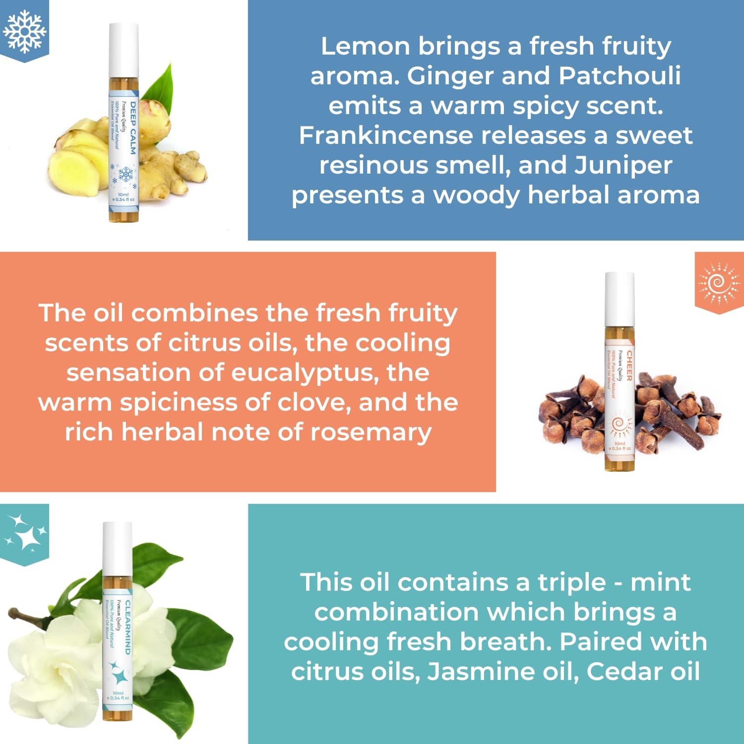 Essential Oil Set (Deep Calm, Cheer, ClearMind), Aromatherapy Roll On Blends for Massage, Body Care & Home Use, Great Fragrance
