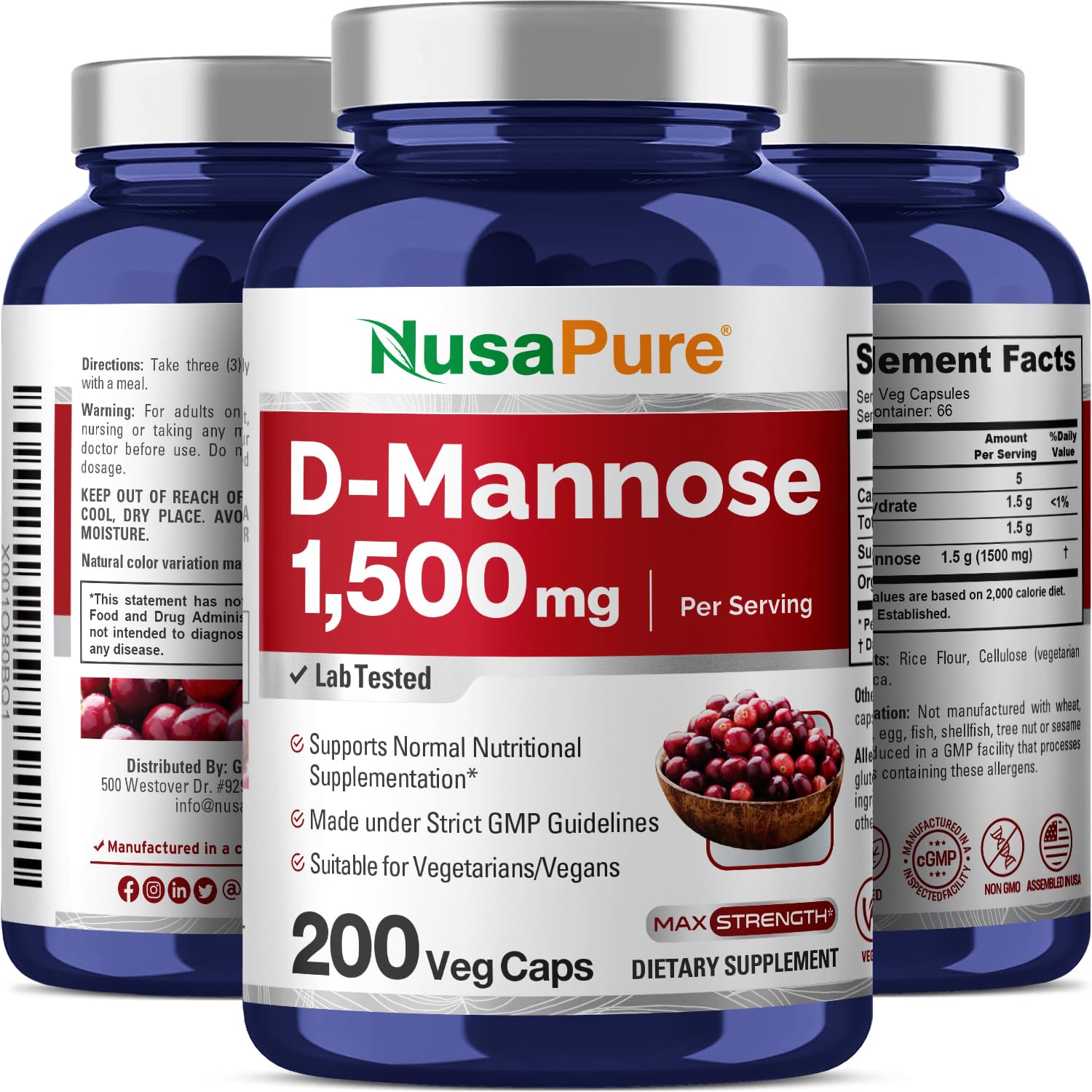 NusaPure D-Mannose 1500 mg per Serving - 200 Vegetarian Capsules (Organic, Non-GMO, Vegan)