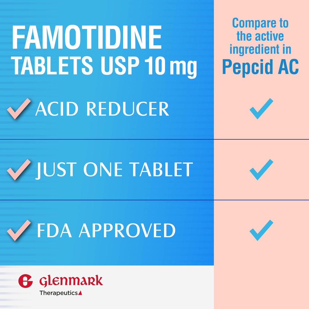Glenmark Therapeutics Original Strength Famotidine Tablets, 10 mg, Acid Reducer for Heartburn Relief, 90 Count