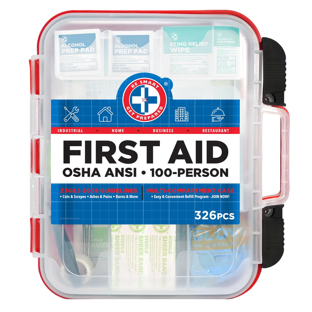 Be Smart Get Prepared First Aid Kit Hard Red Case 326 Pieces Exceeds OSHA ANSI Guidelines 100 People. Office, Home, Car, School,
