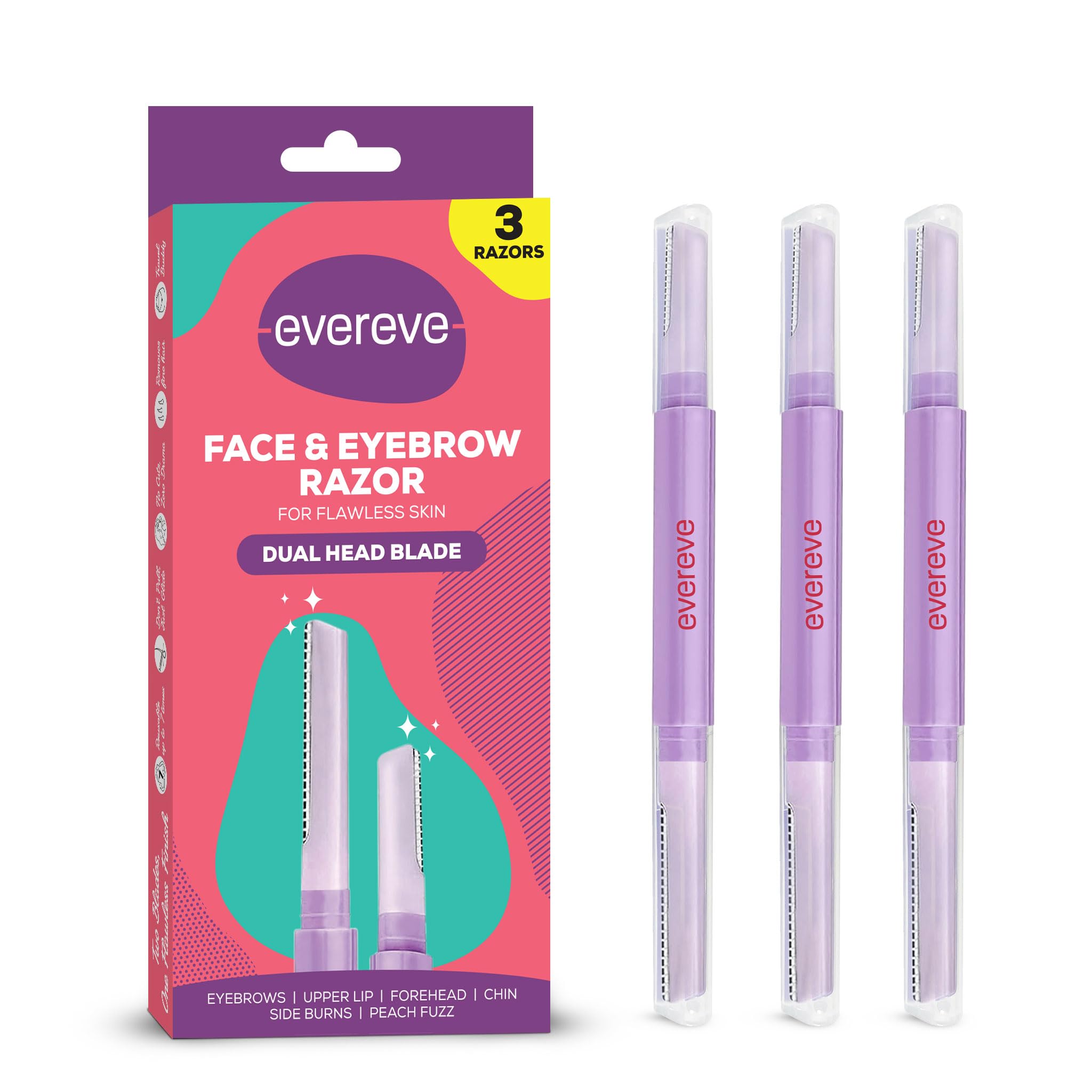 Evereve Face & Eyebrow Razor For Women, Pack Of 3, DualBlade Head For Shaving With Precision & Coverage, German Steel Blades, I