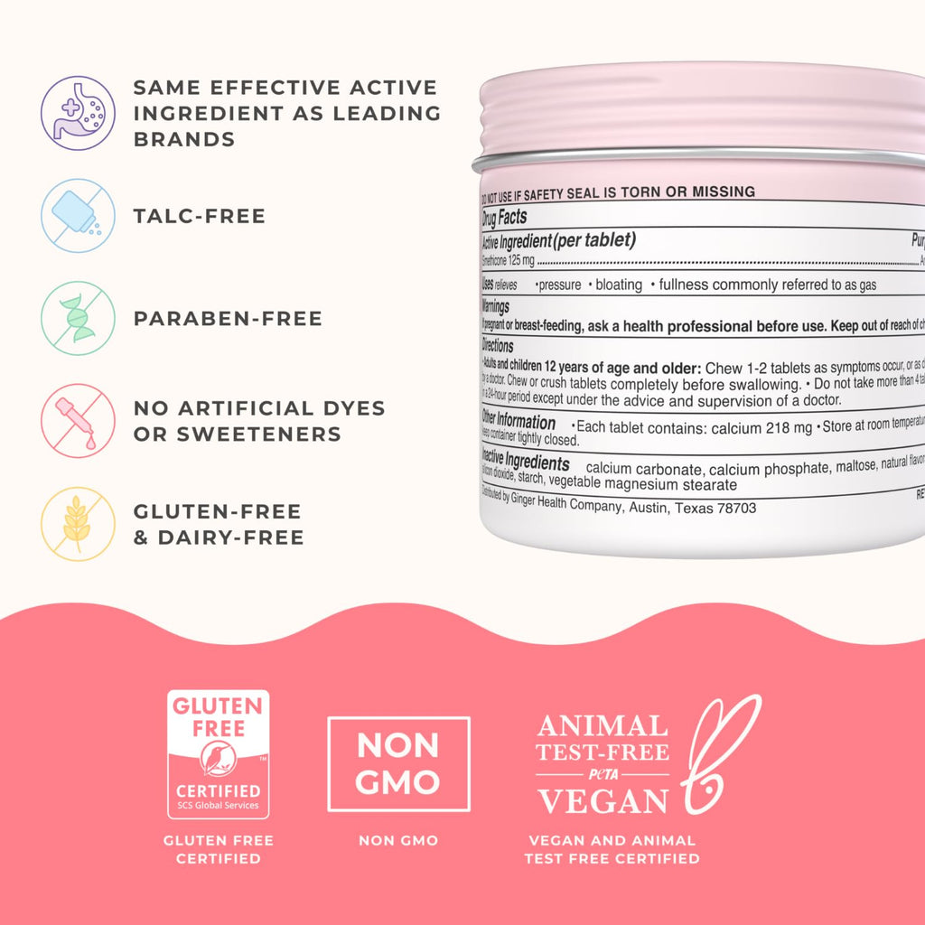 Wonderbelly Bloat + Gas Relief, Extra Strength Chewable Tablets, with 125 mg Simethicone, No Talc or Dye, Strawberry Shortcake,