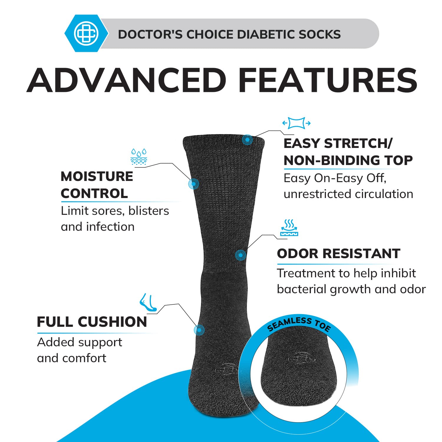 Doctor's Choice Diabetic Socks for Men, Seamless Crew Socks with Non-Binding Top, Provides Extra Comfort for Gout, 4-Pairs, Char