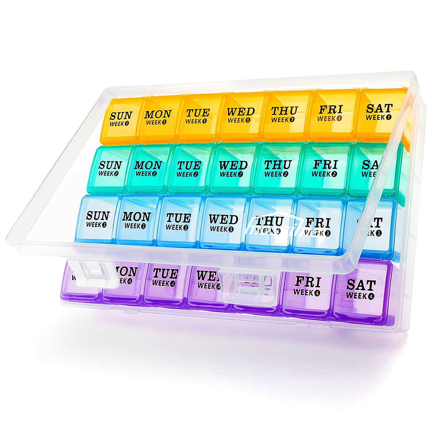 XL Large Monthly Pill Organizer 4 Weeks, 28 Day Pill Box Organizer Weekly, Big Compartment Pill Box with Travel Case, 7 Day Pill