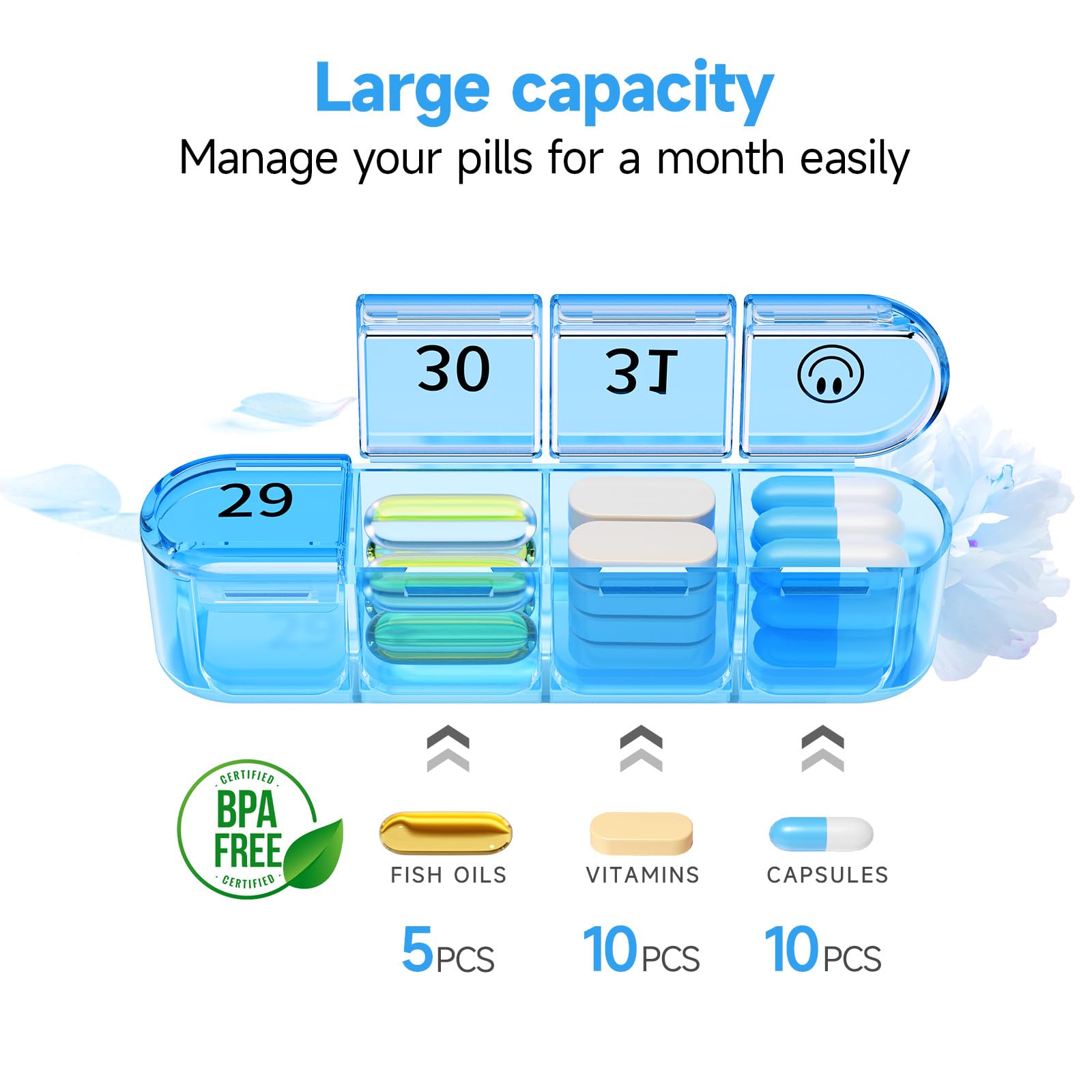 Zoksi Monthly Pill Organizer 1 Times a Day, 30 Day Pill Box Organizer,One Month Pill Case for Travel, 31 Day Daily Medcine Conta