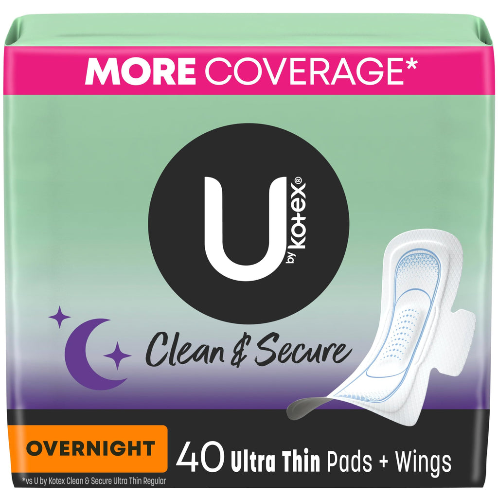 U by Kotex Ultra Thin Pads with Wings, Clean & Secure, Overnight Absorbency, 40 Count (Packaging May Vary)