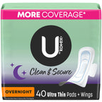 U by Kotex Ultra Thin Pads with Wings, Clean & Secure, Overnight Absorbency, 40 Count (Packaging May Vary)
