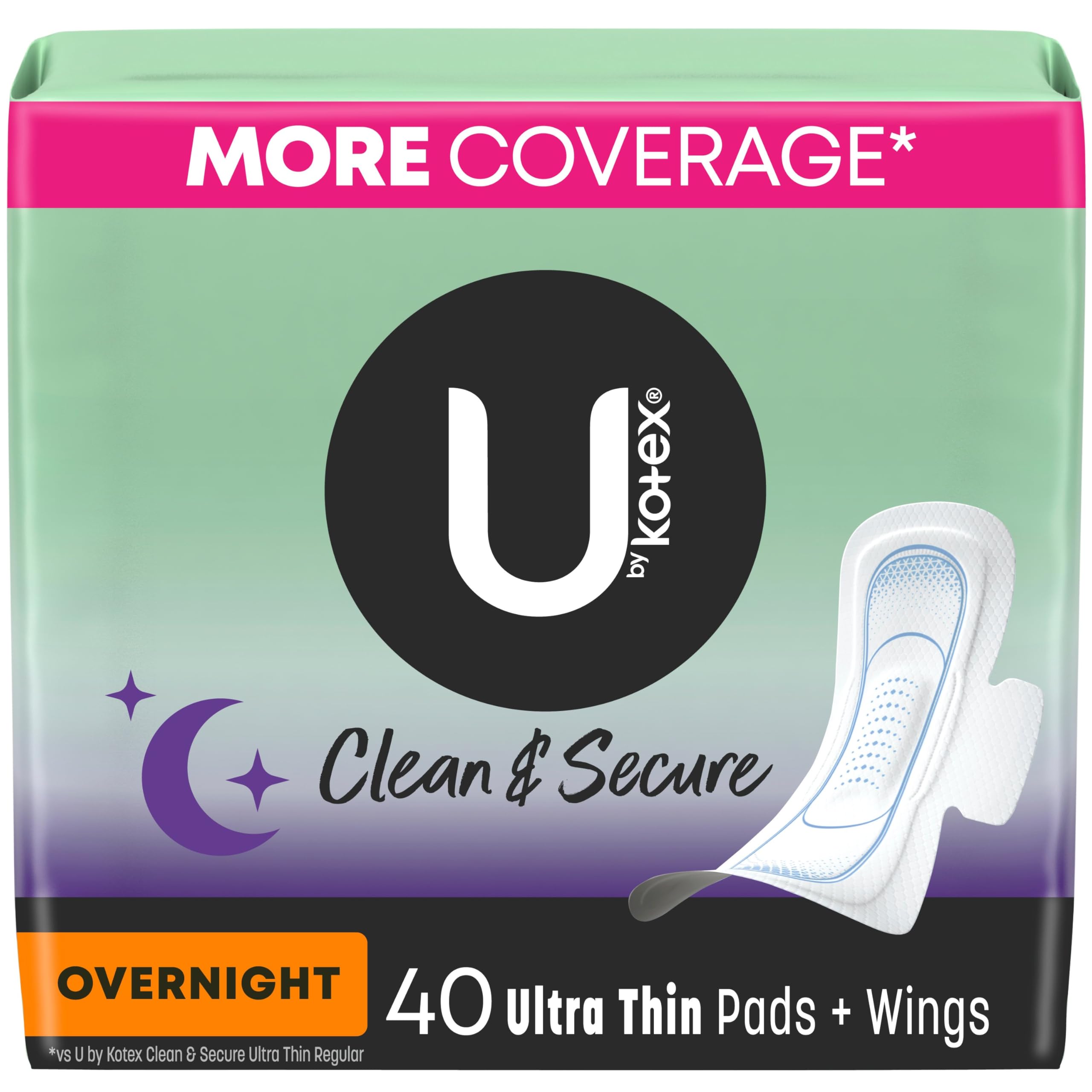 U by Kotex Ultra Thin Pads with Wings, Clean & Secure, Overnight Absorbency, 40 Count (Packaging May Vary)