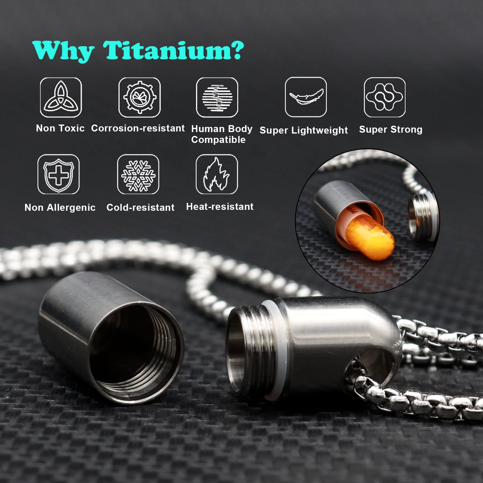 Small Pill Box Necklace Titanium Mini Pill Case W/ 28 Rolo Chain Necklace Tiny Pill Fob for Men Waterproof Pill Holder Emergency