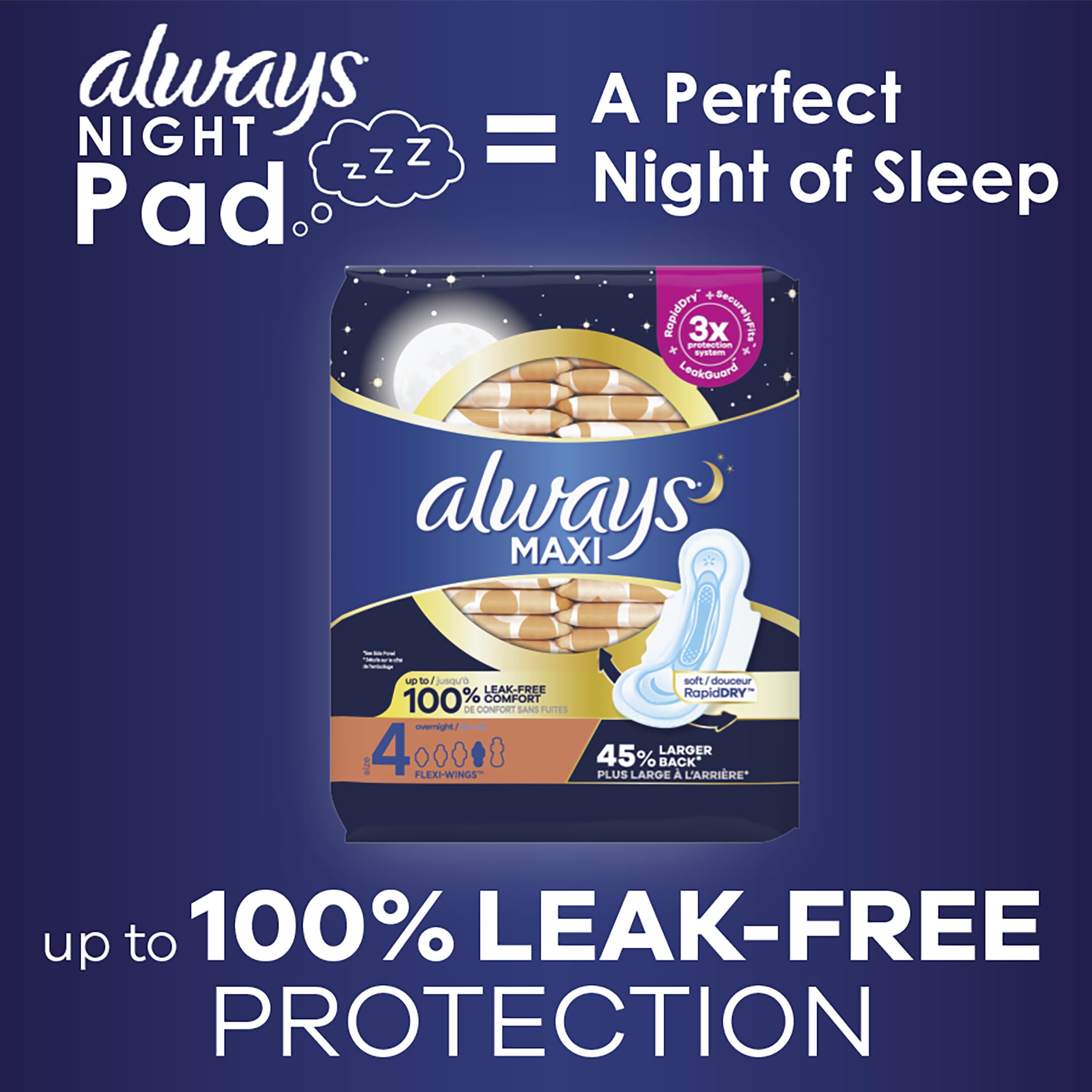 Always Maxi Feminine Pads for Women, Size 4 Overnight Absorbency, with Wings, Unscented, 48 Count