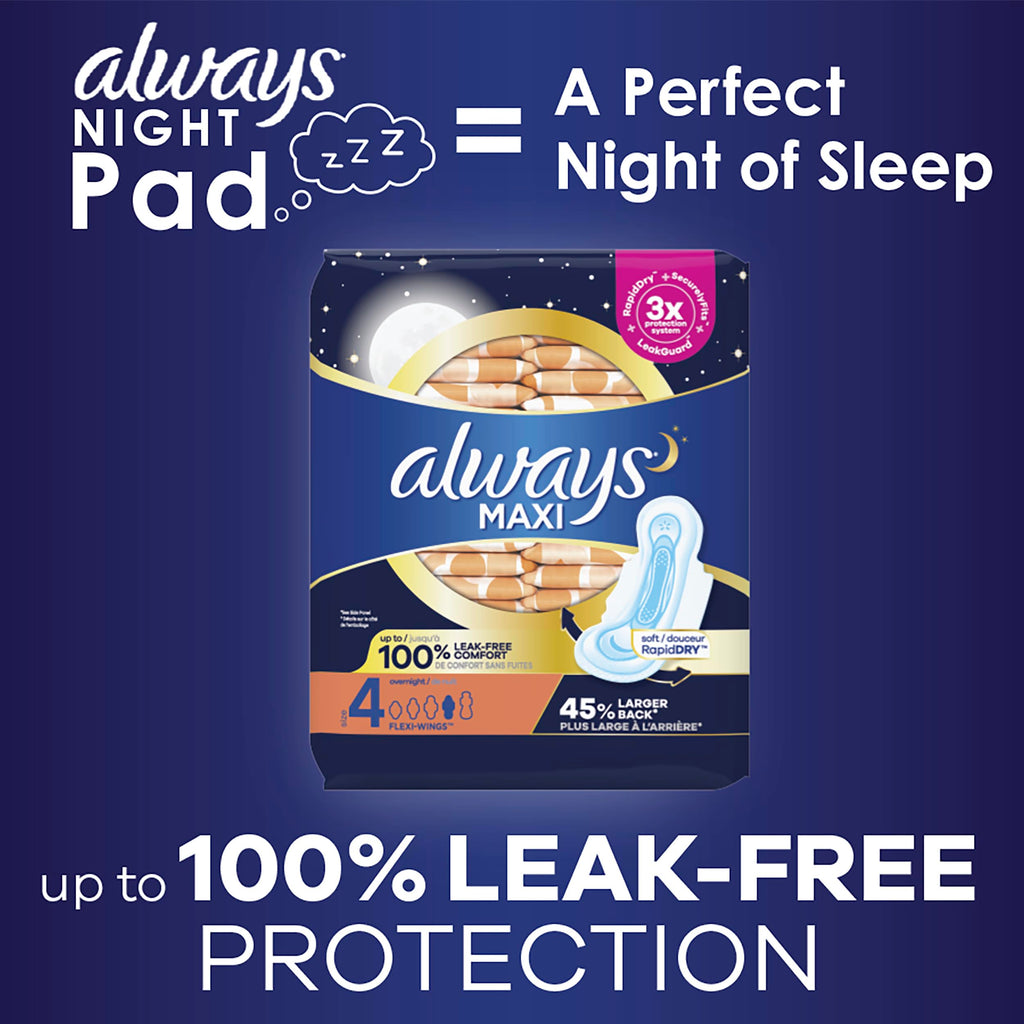 Always Maxi Overnight Pads with Wings, Size 4, Overnight, Unscented, 84 CT