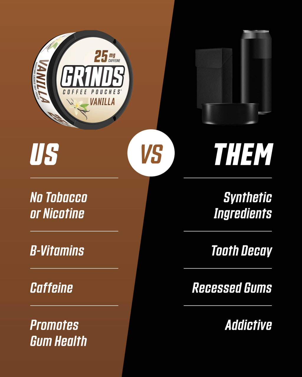 Grinds Coffee Pouches | Tobacco Free, Nicotine Free Healthy Alternative | 10 Cans of Vanilla | 18 Pouches Per Can | 1 Pouch eq.