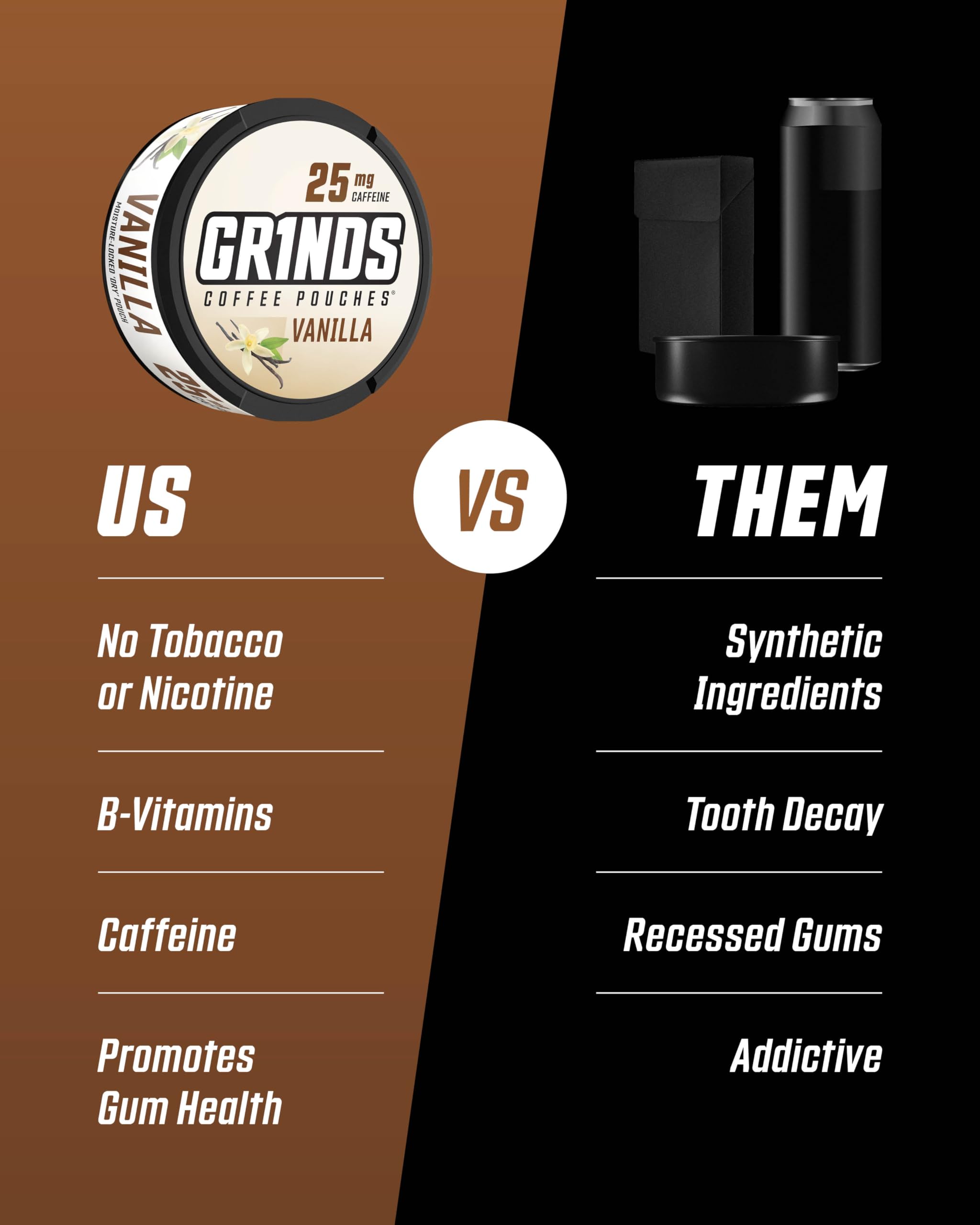 Grinds Coffee Pouches | Tobacco Free, Nicotine Free Healthy Alternative | 10 Cans of Vanilla | 18 Pouches Per Can | 1 Pouch eq.