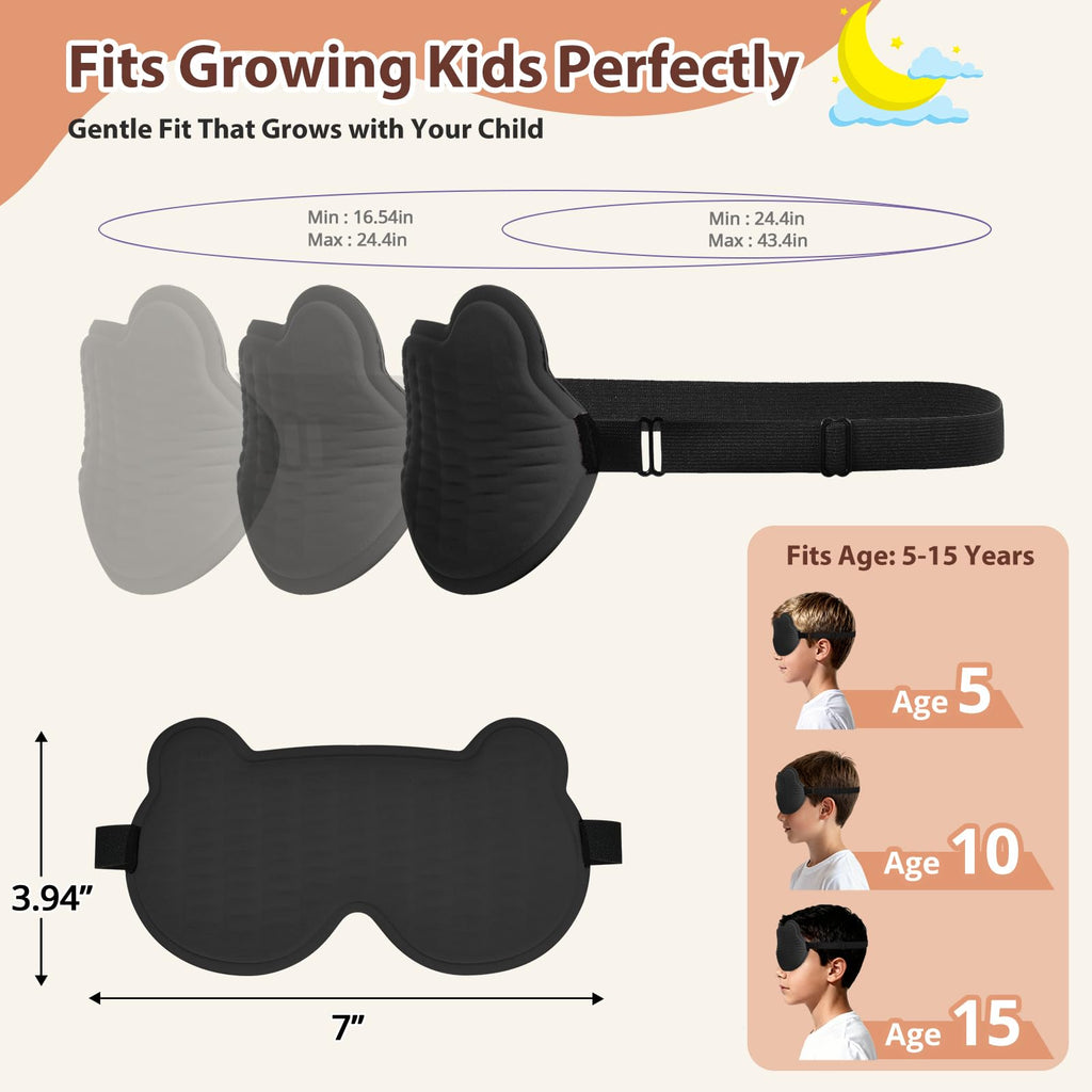 Kids Sleep Mask, 3D Sleeping Eye Mask for Kids with Adjustable Elastic Strap, Bear Shape Eye Cover with Memory Foam, Soft & Ligh