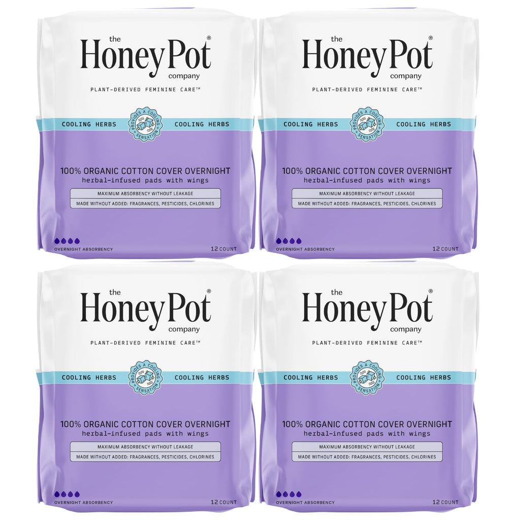 The Honey Pot Company - 48 ct - Herbal Pads for Women - Overnight Pads w/Wings - Infused w/Essential Oils for Cooling Effect & O
