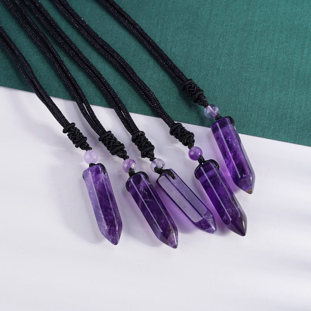 TIKCAUZ Hexagonal Purple Crystal Necklace Amethyst Point Pendant with Adjustable Rope Natural Purple Crystal Stone Handmade Jewe