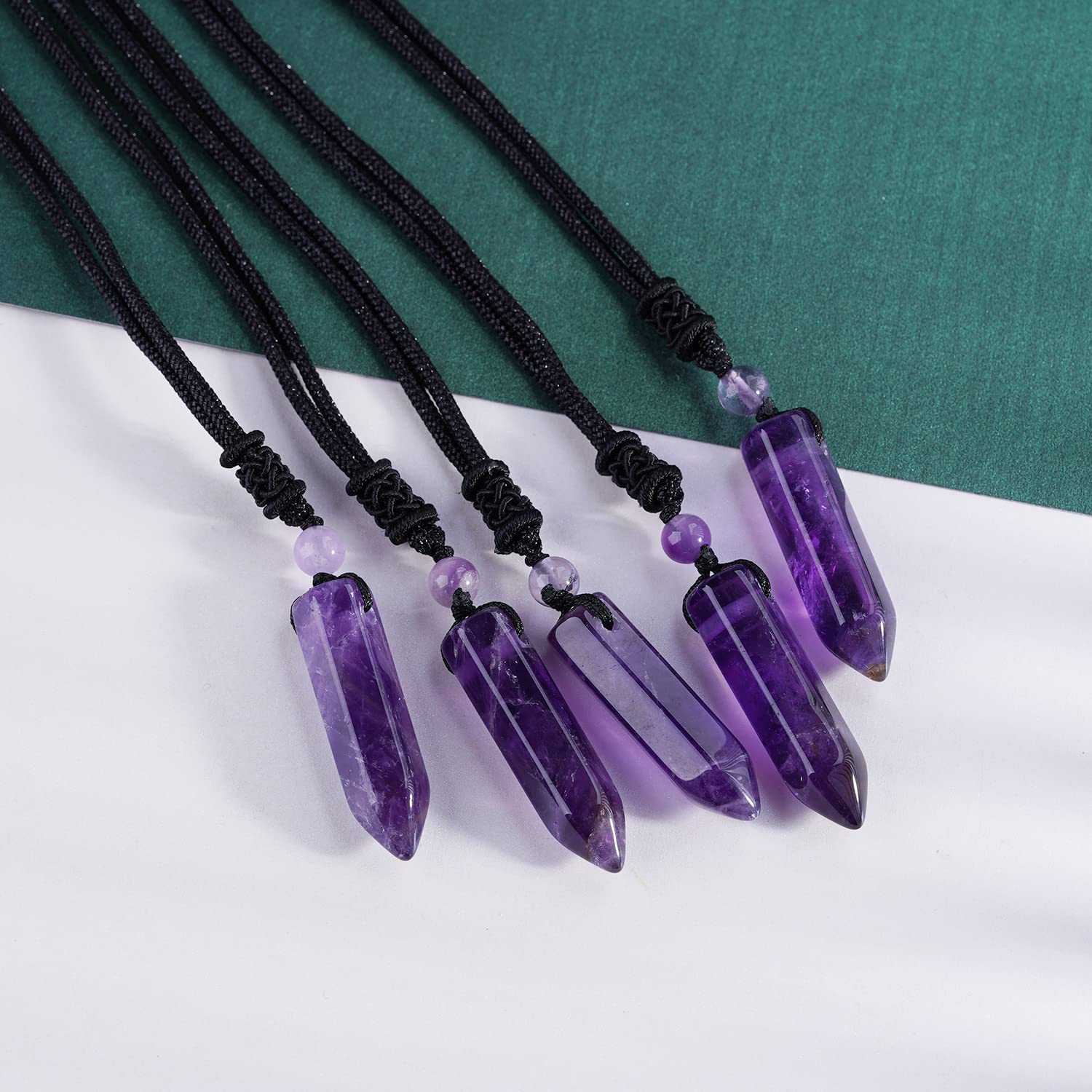 TIKCAUZ Hexagonal Purple Crystal Necklace Amethyst Point Pendant with Adjustable Rope Natural Purple Crystal Stone Handmade Jewe