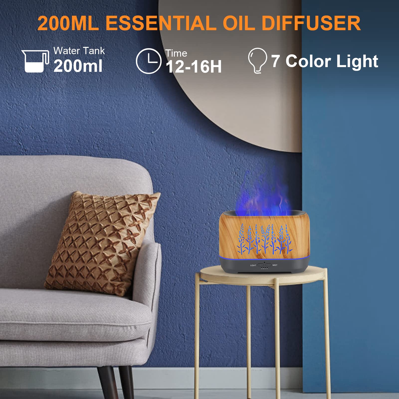 NEWYID Essential Oil Diffuser, Ultrasonic Flame Diffuser with 7 Colorful Light, 3 Mist Mode 4 Timer Up to 12H of Continuous Arom