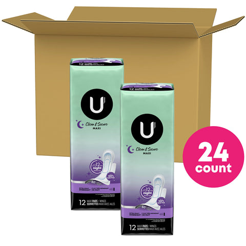 U by Kotex Clean & Secure Overnight Maxi Pads with Wings, Extra Heavy Absorbency, 24 Count (2 Packs of 12) (Packaging May Vary)