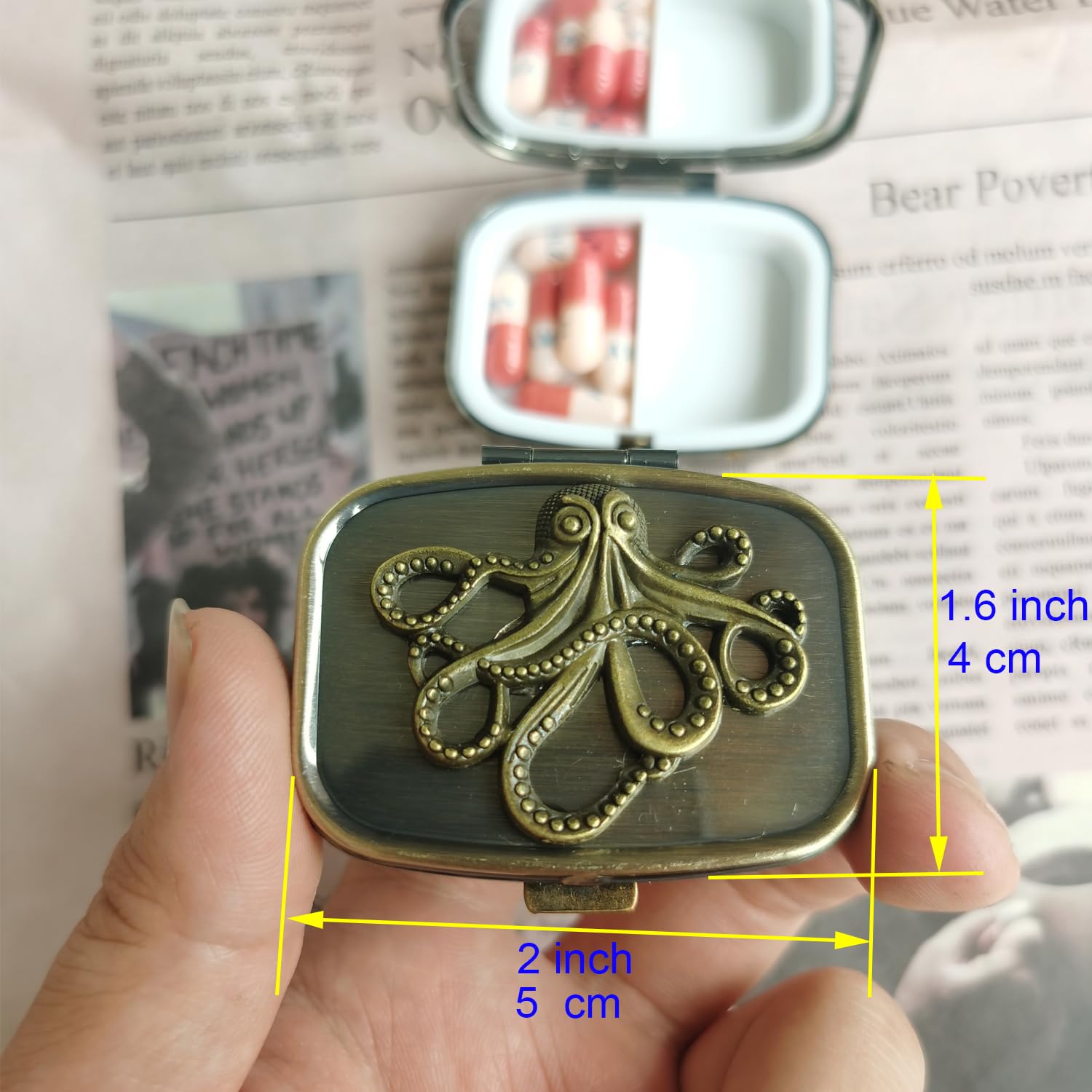 Hidad Bronze Retro Portable Travel Pill Organizer - Octopus Sign Small Pill Box for Purse or Pocket, Cute Durable Portable Mini