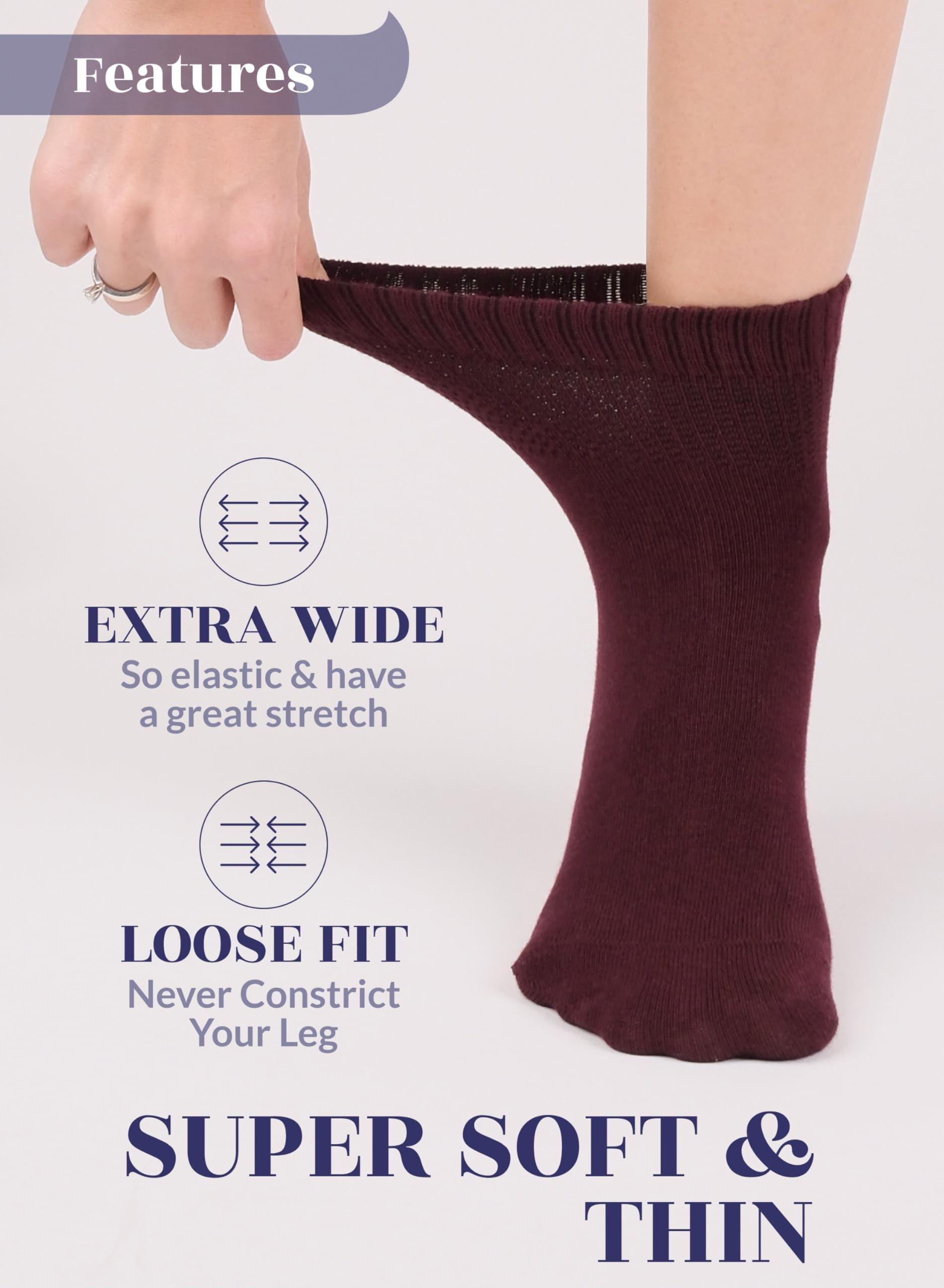 Hugh Ugoli Women Diabetic Ankle Socks, Super Soft & Thin Bamboo Socks, Wide & Loose, Non-Binding Top & Seamless Toe, 4 Pairs, Bu