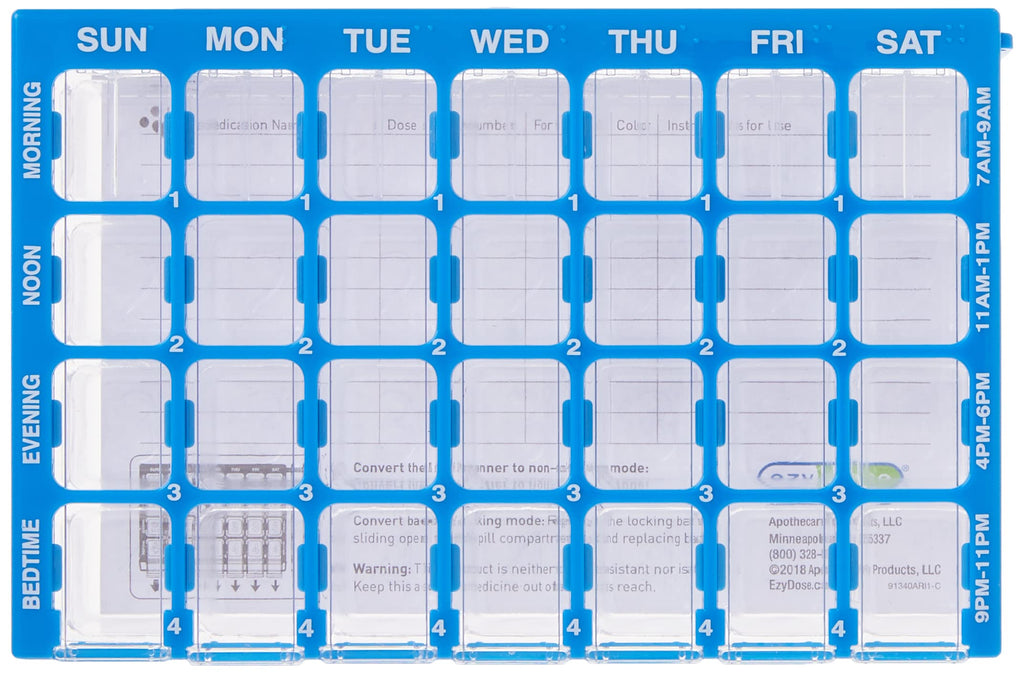 Ezy Dose Weekly (7-Day) Pill Case, Medicine Planner, Vitamin Organizer Box, Small Compartments with Easy Fill Tray, 4 Times a Da