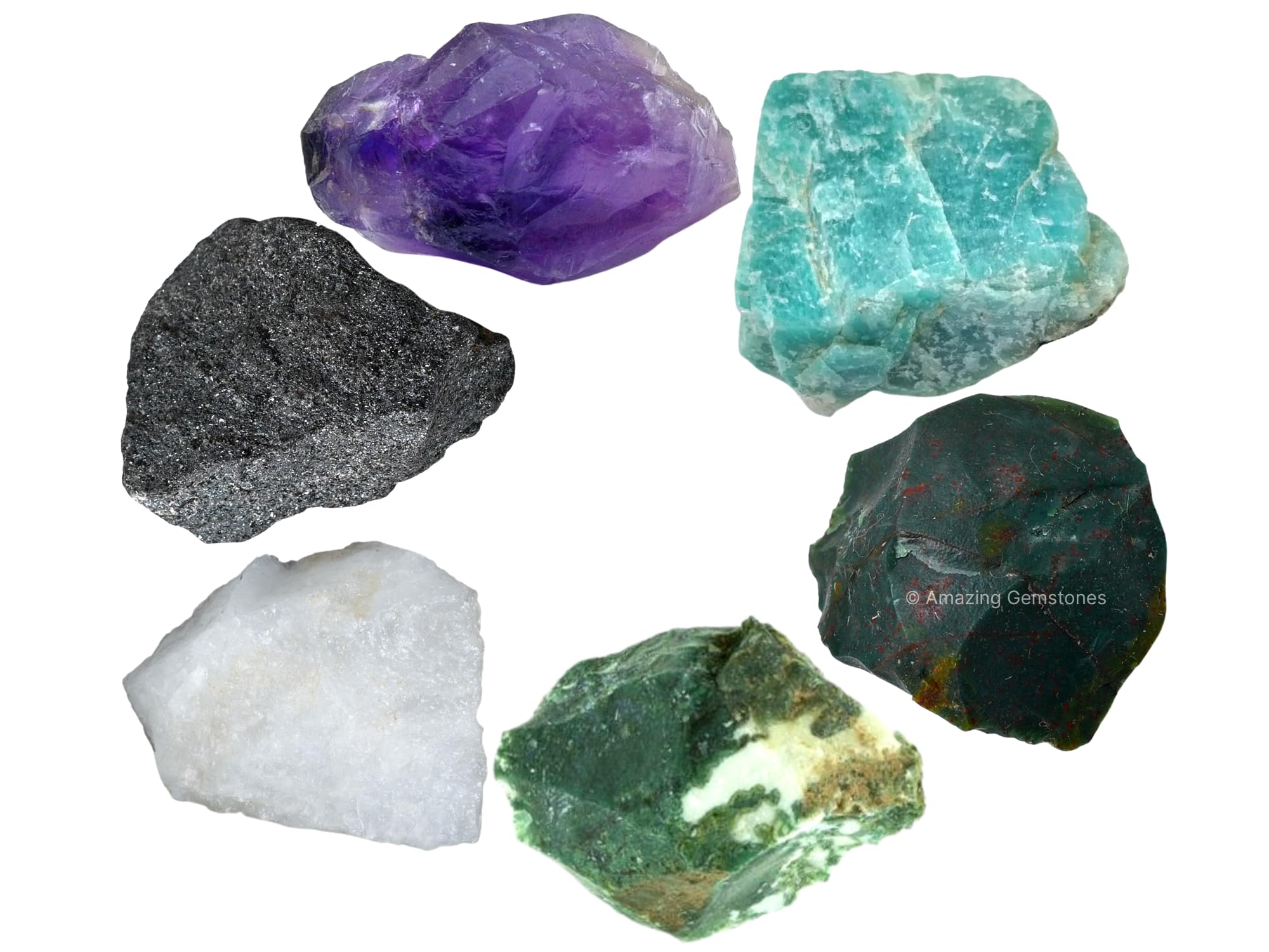 Crystals for Blood Pressure Control, Set of 6 Blood Stone, Hematite, Moss Agate, Amazonite, Snow Quartz and Amethyst Healing Cry