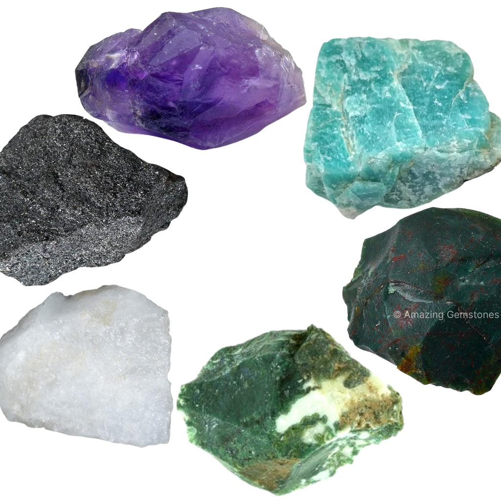 Crystals for Blood Pressure Control, Set of 6 Blood Stone, Hematite, Moss Agate, Amazonite, Snow Quartz and Amethyst Healing Cry
