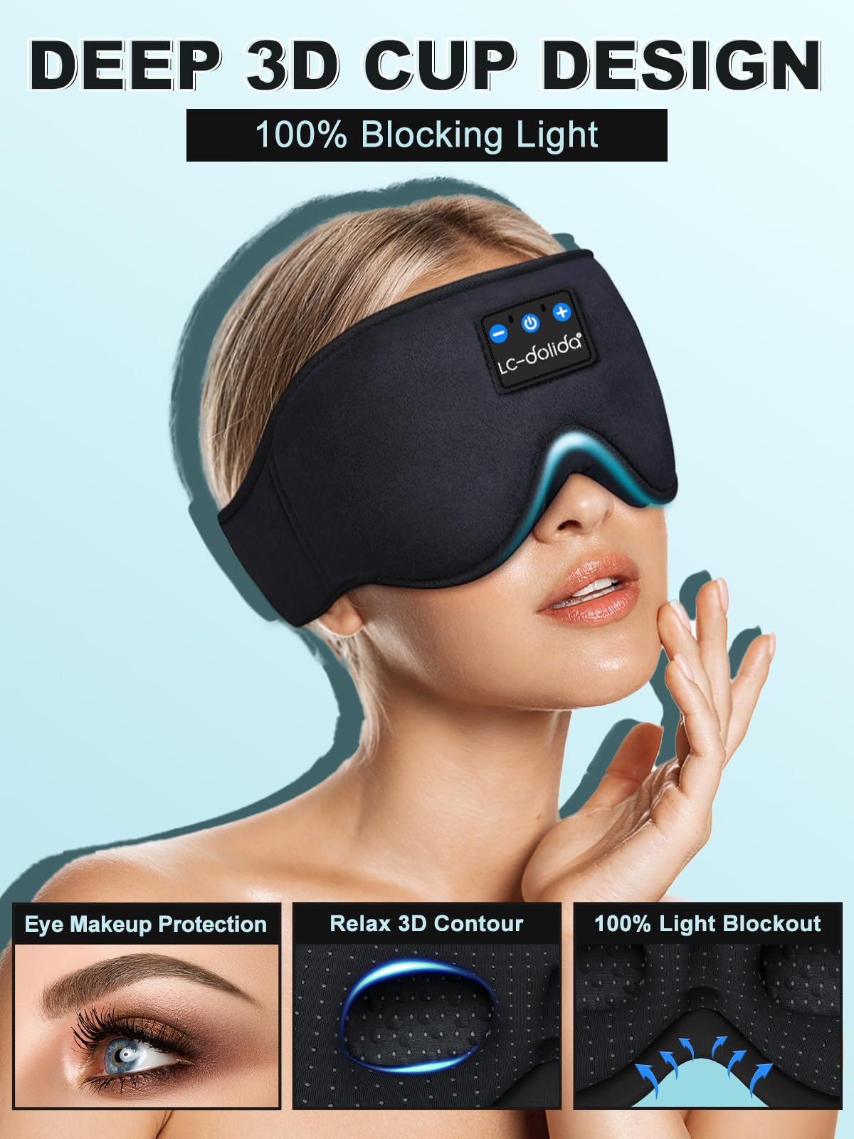 LC-dolida Sleep Headphones, 3D Sleep Mask Bluetooth Wireless Music Eye Mask, Sleeping Headphones for Side Sleepers Sleep Mask wi
