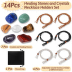 Crystals Necklace Holders and Healing Stones Set, 6Pcs Adjustable Crystal Cage with 7 Chakra Crystals and Healing Stones for Yog