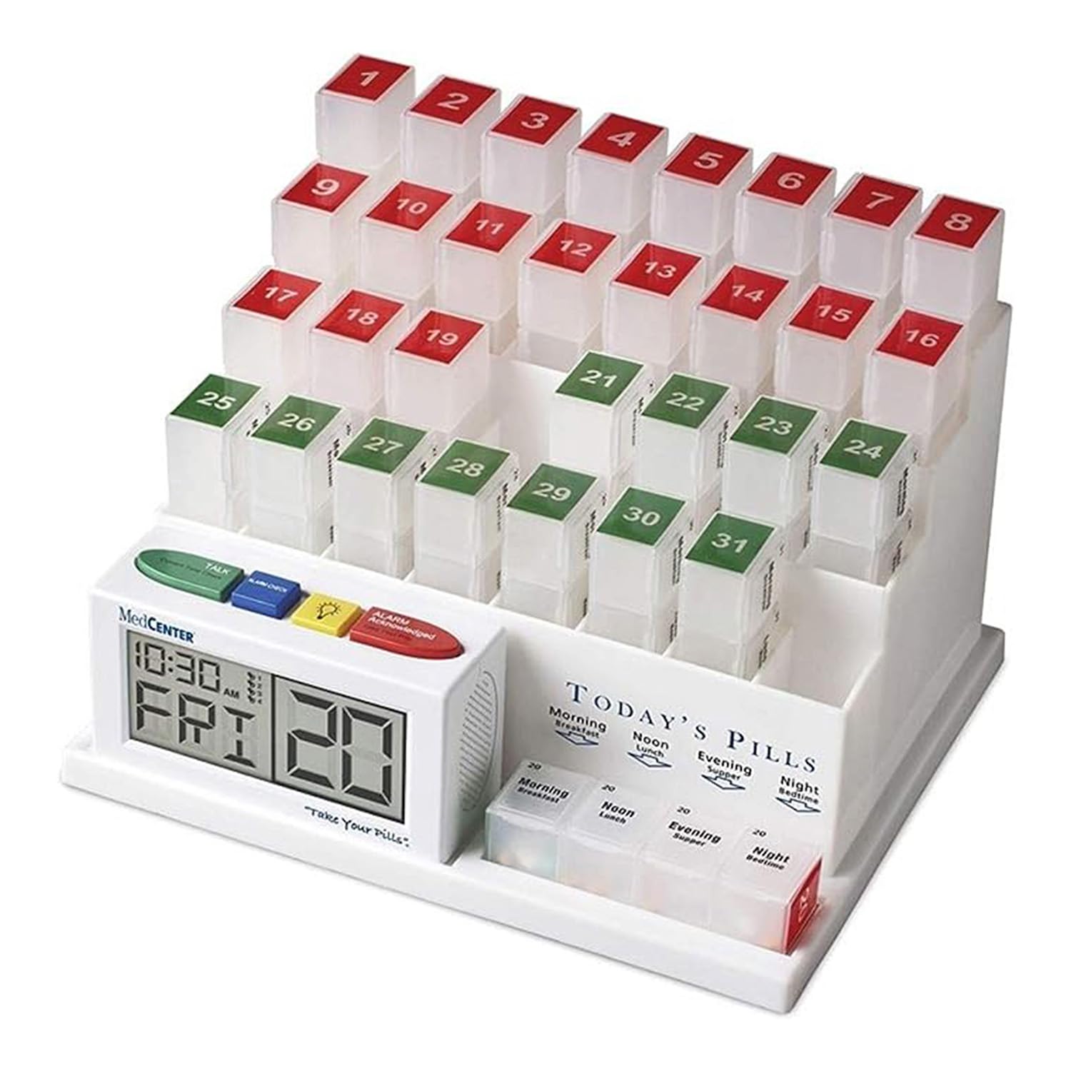 Medcenter Monthly Pill Organizer System 4 Times a Day, 31 Day Pill Organizer Box, with Talking Alarm Clock Reminding System, Mon