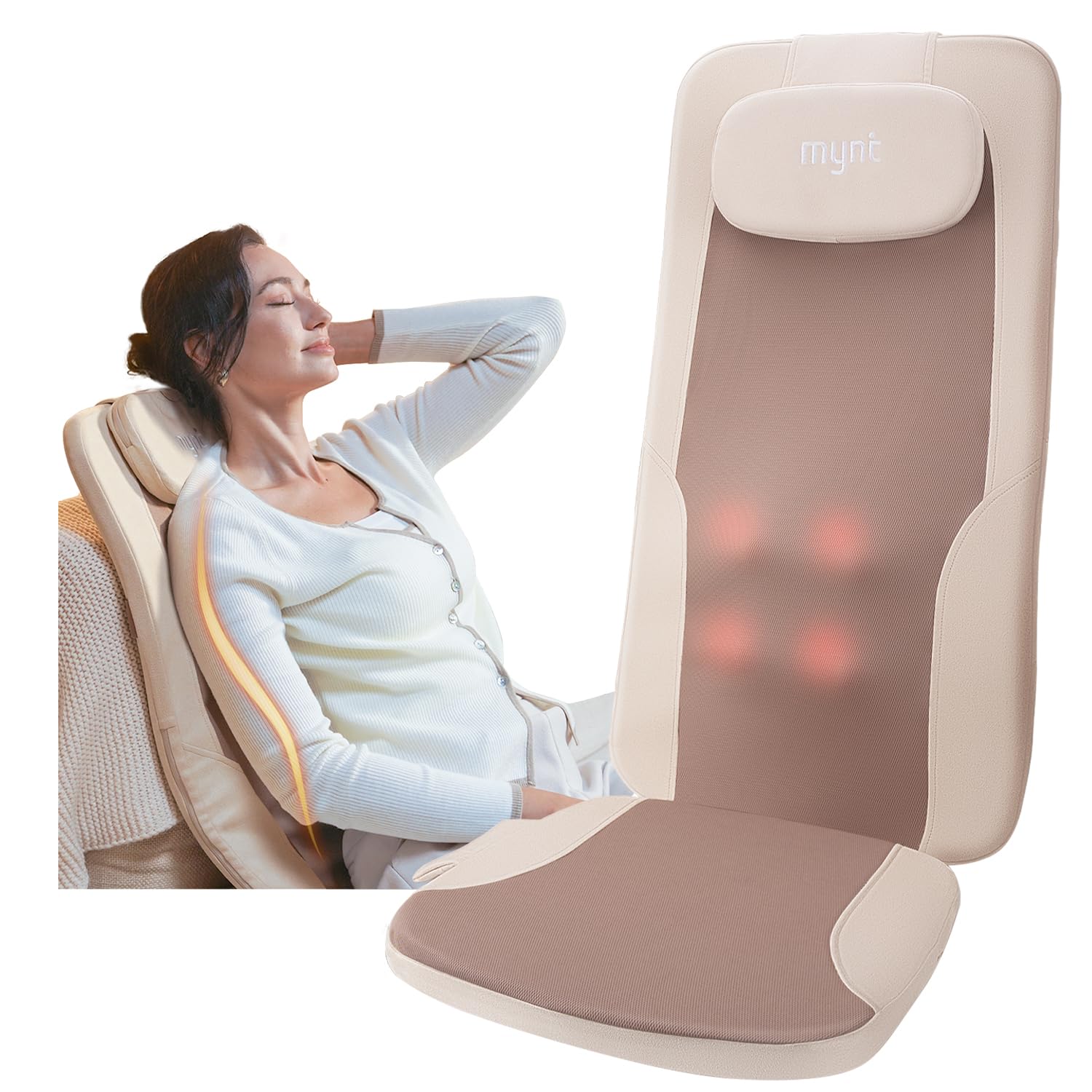 Mynt FSA HSA Eligible Foldable Back Massager, Chair Massager with Soothing Heat, Flexible Massage Chair Pad with Soft S-Curve Lo
